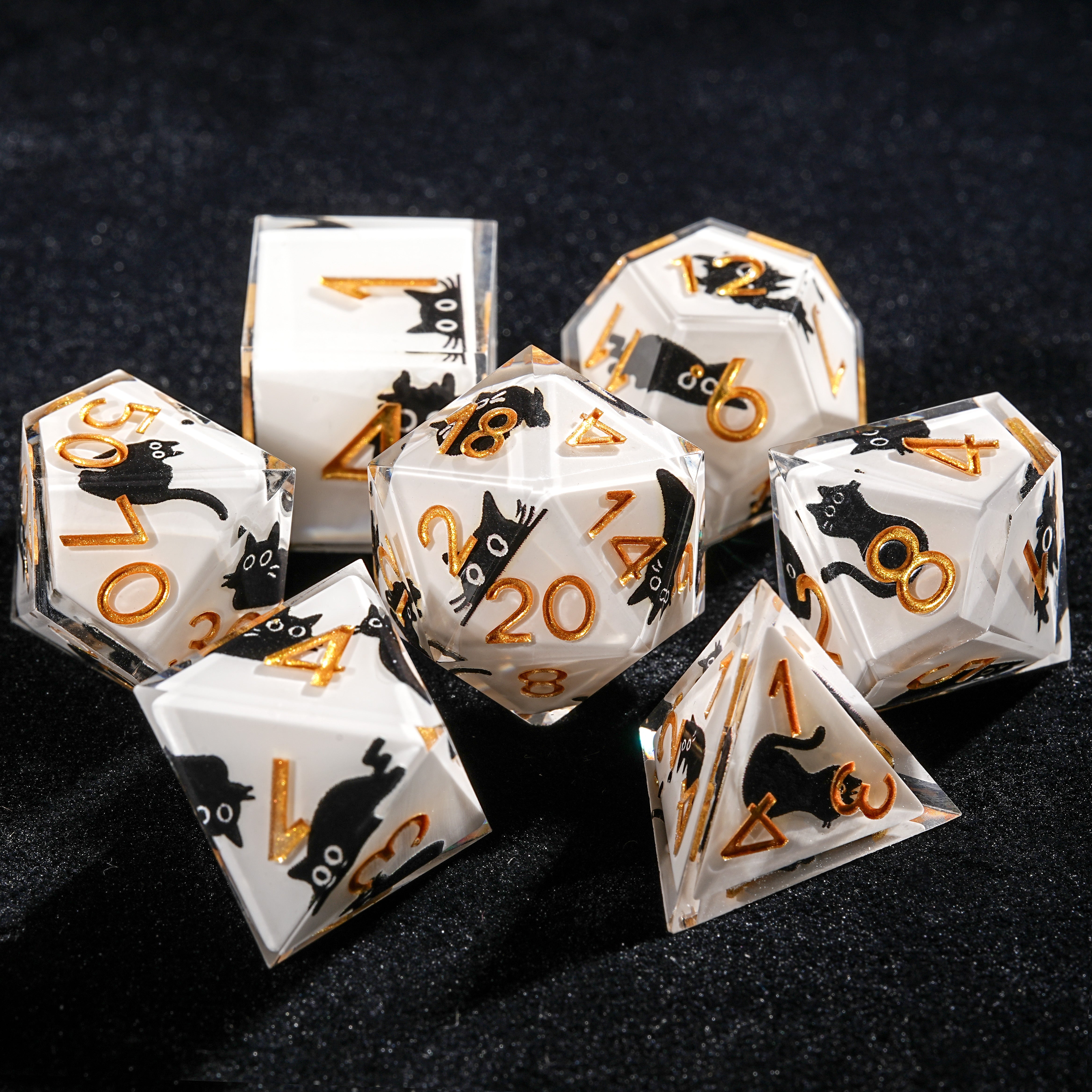 7 white resin DND black cat dice with gold numbers (including D4, D6, D8, D10, D%, D12, D20) | Bear dice