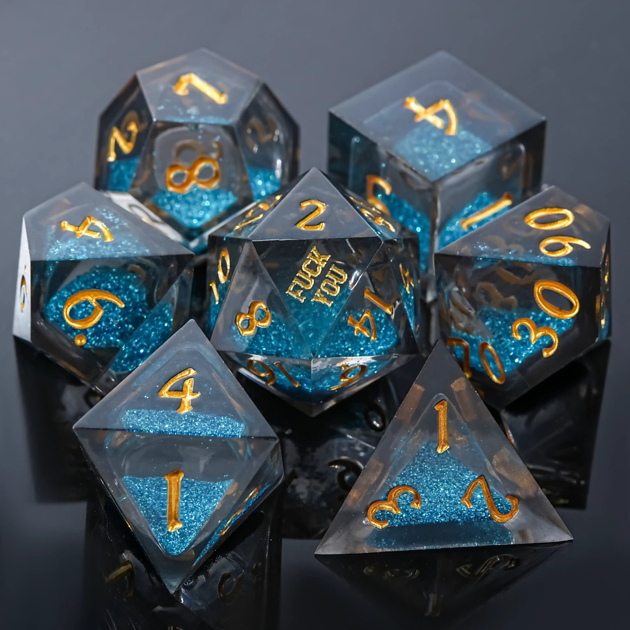 Kickstarter Dice - YOU Blue Liquid Core Resin DND Dice Set with Engraved Gold Numbers | Bear Dice