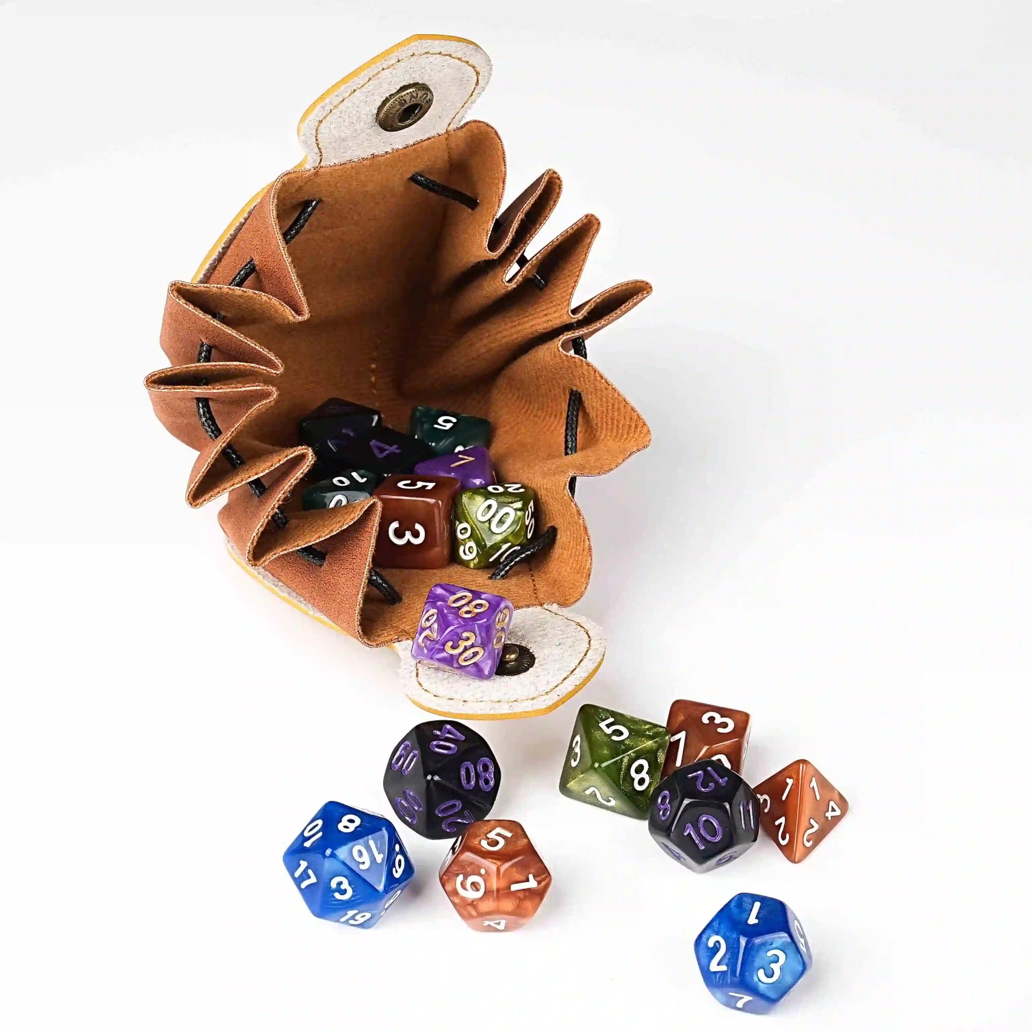 Handcrafted yellow leather DND drawstring dice bag with button closure and printed Bear Dice logo, holds two sets of acrylic dice for easy portability | Bear Dice