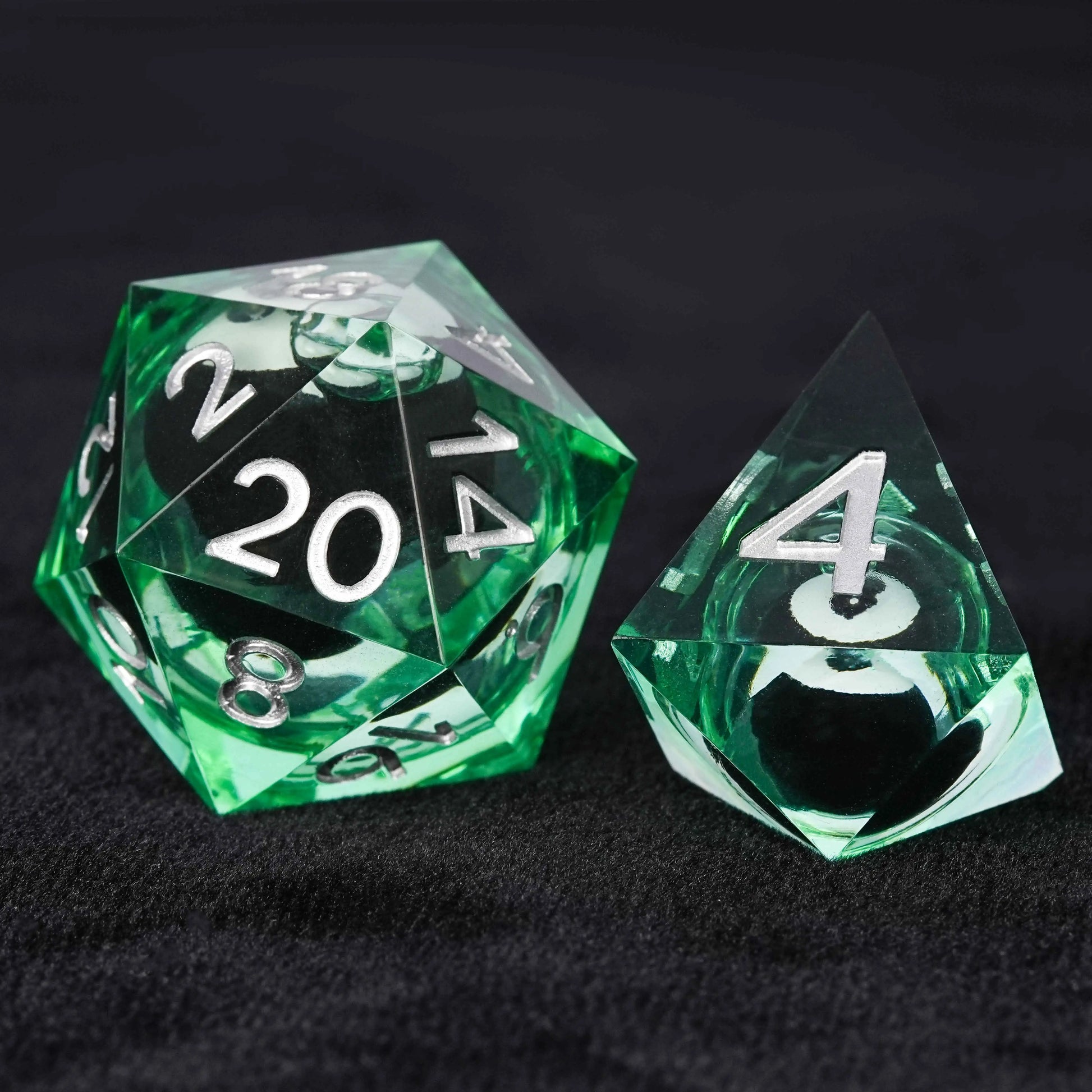 Black and White No. 8 Billiard Ball Core Green Resin DND D20 Dice + D4 Dice + Silver Font | Bear Dice