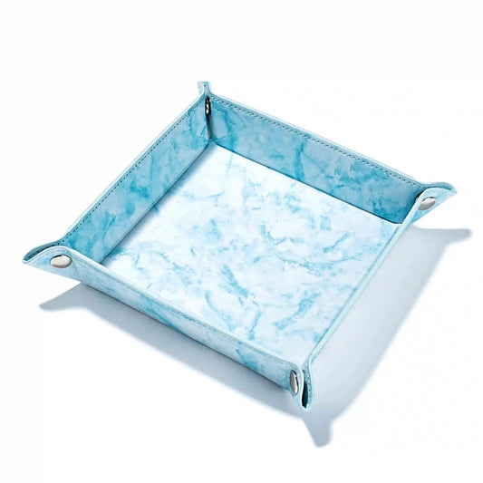 Cyan Blue Marbled Leather Folding Dice Tray - Square design