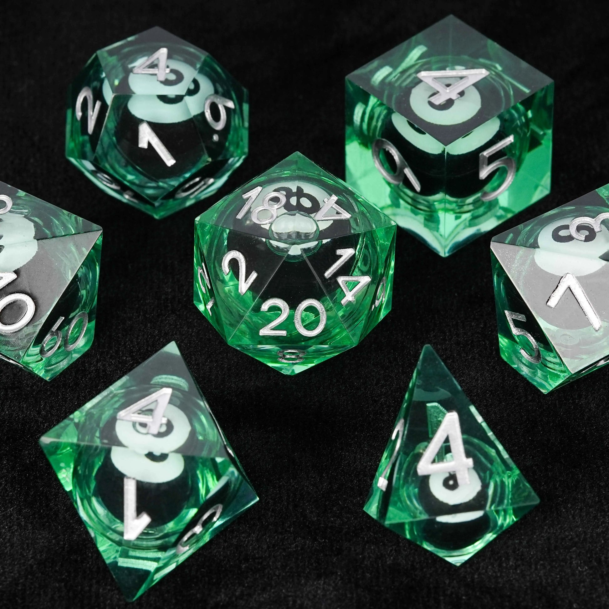 Black and White No. 8 Billiard Ball Core Green Resin DND Dice  Set + Silver Font | Bear Dice