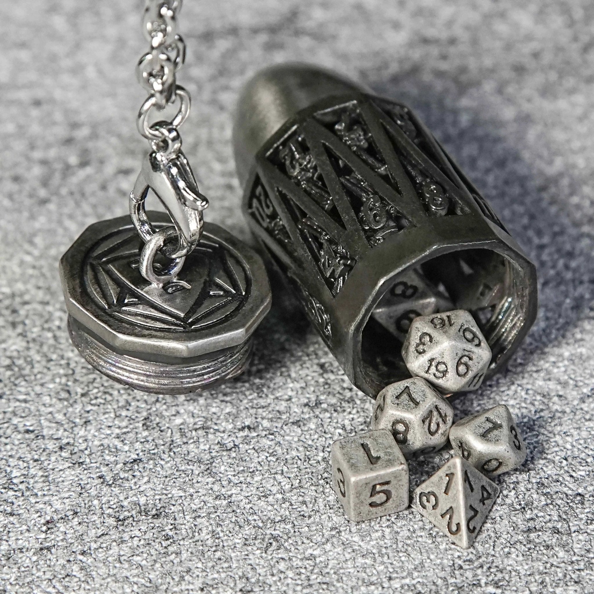 Antique Nickel Bullet Hollow Metal D20 Dice Cage Necklace + 7 Mini Metal Dice Set - Bear Dice