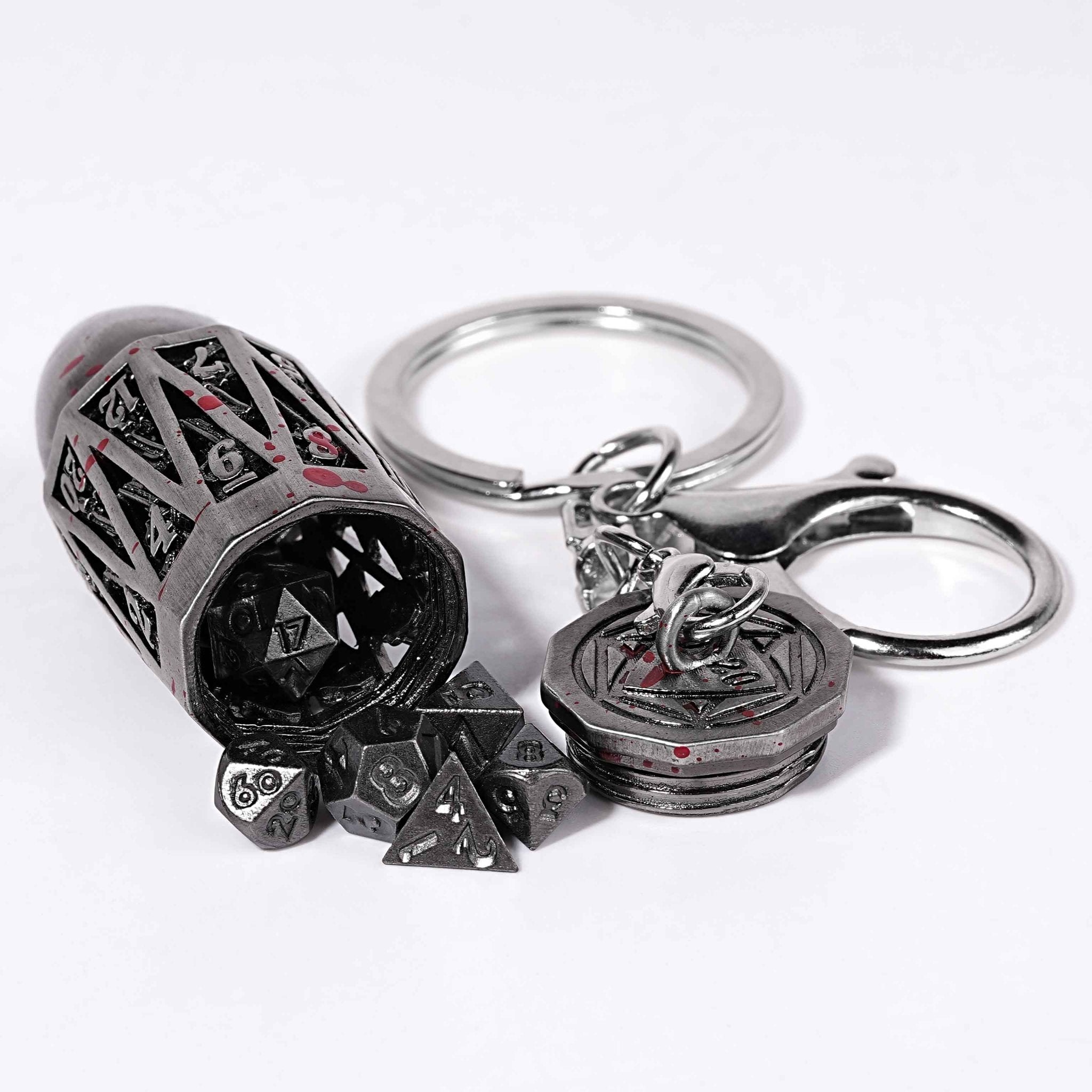 Antique Nickel Bullet Hollow Metal D20 Dice Cage Necklace + 7 Mini Metal Dice Set - Bear Dice