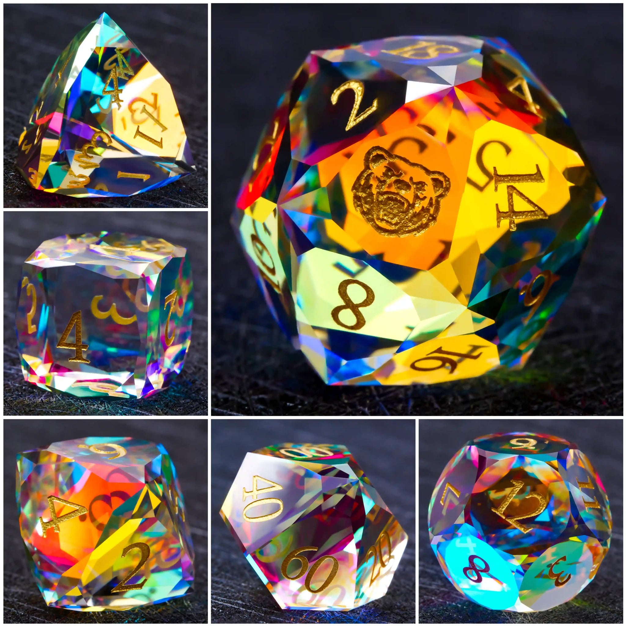 Bear Dice Faceted Prism DND Glass Dice Set + Gold Font - Bear Dice