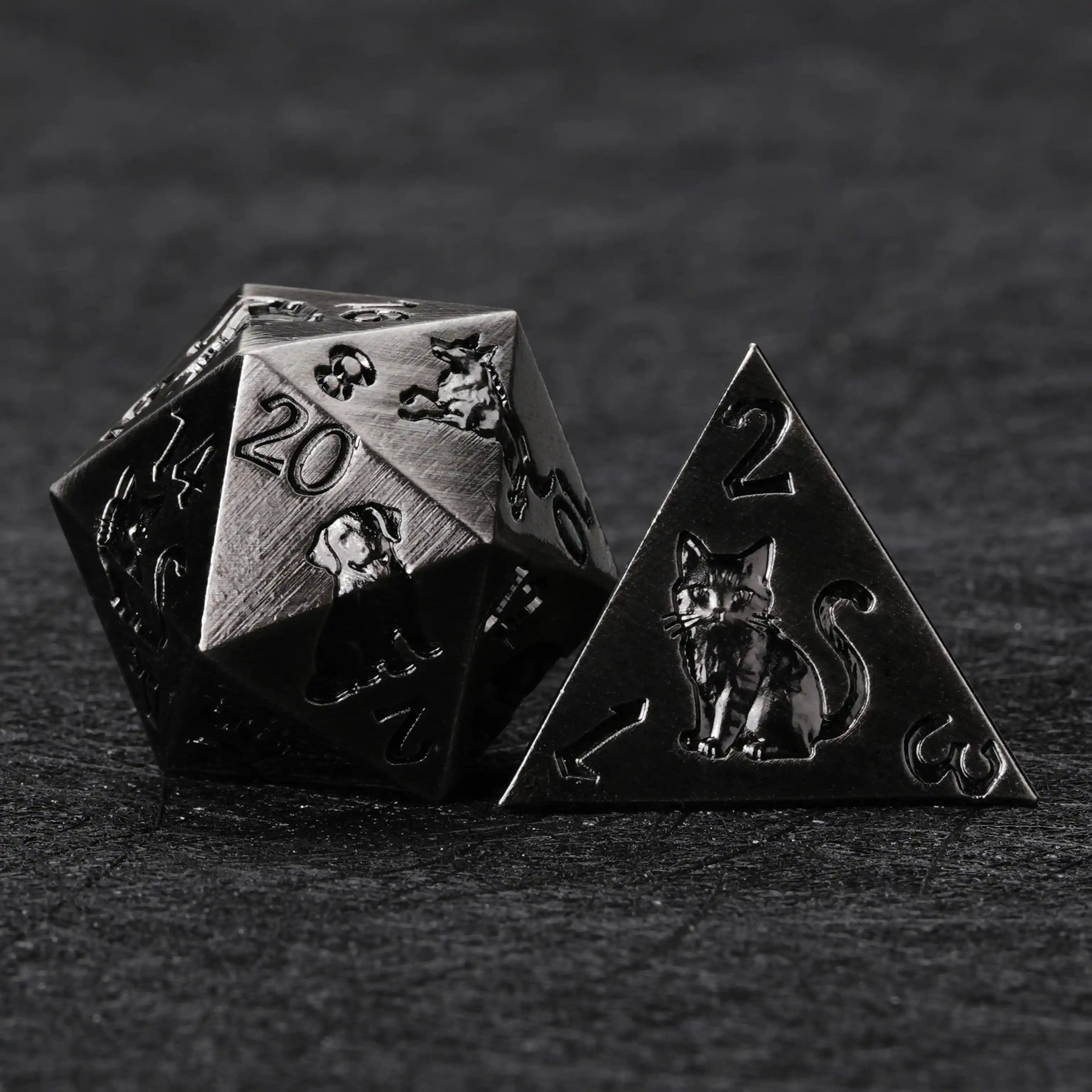 Black metal polyhedral DND dice set animal ally design BearDice