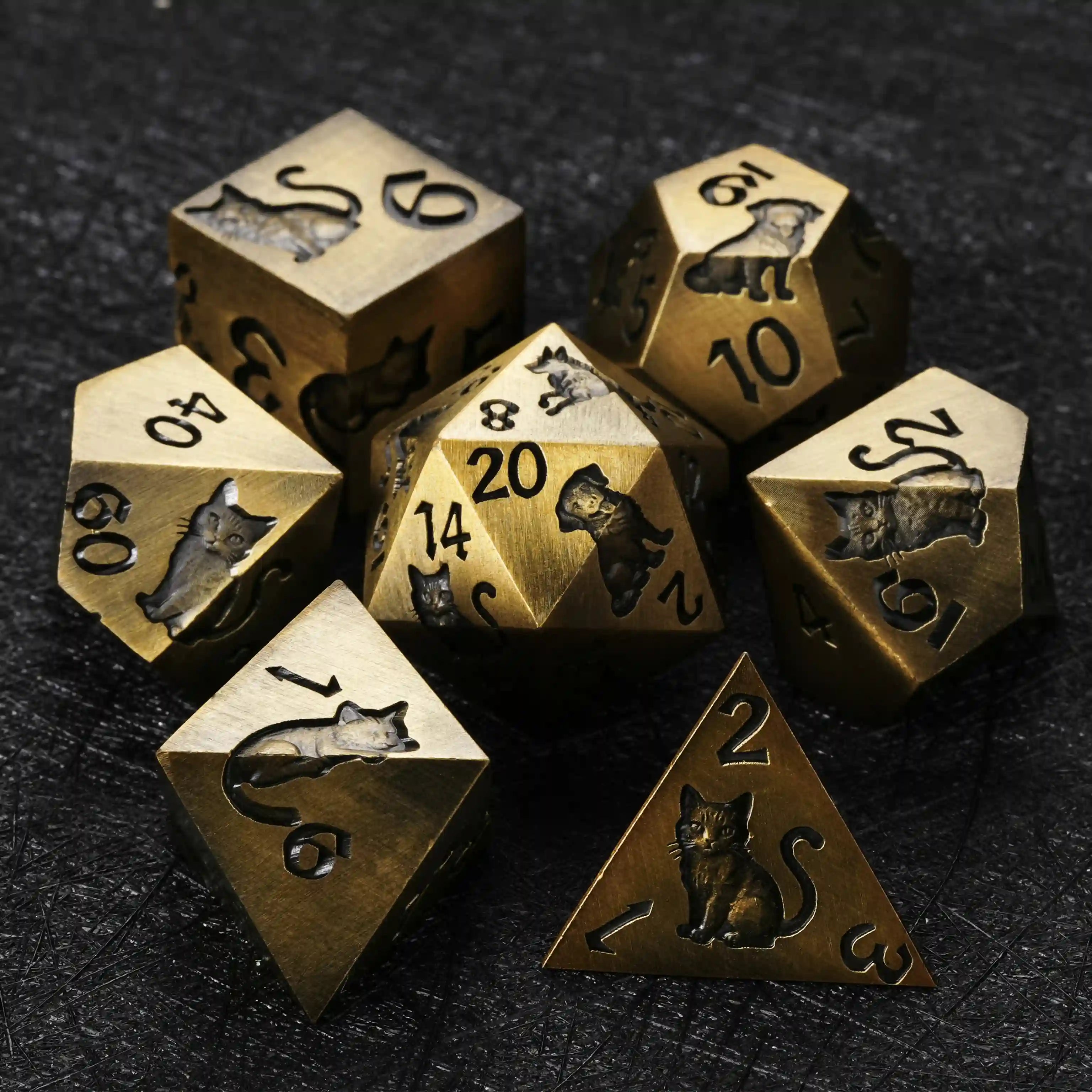 Gold metal polyhedral DND dice set animal ally design BearDice