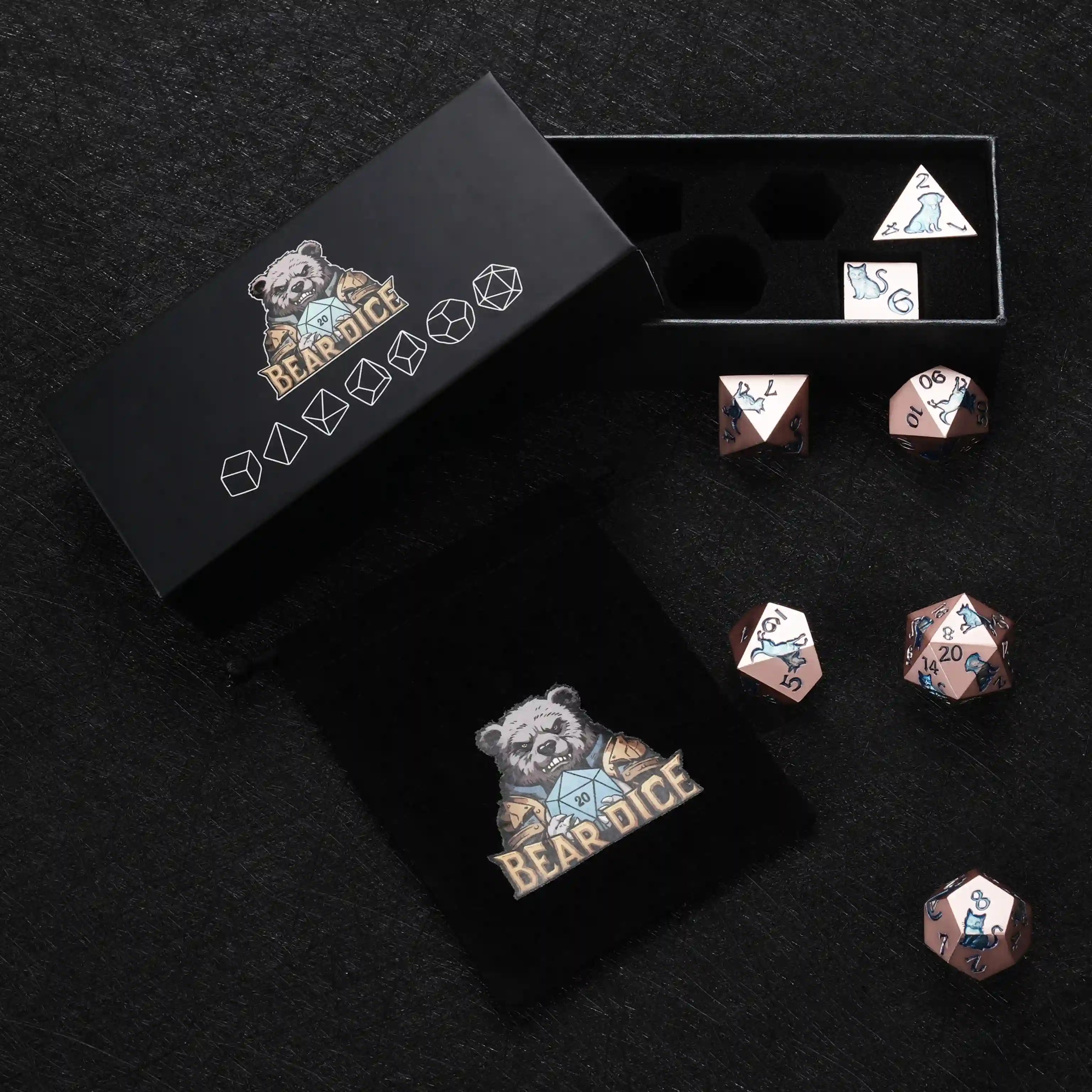 Collector edition packaging for Kickstarter metal dice BearDice