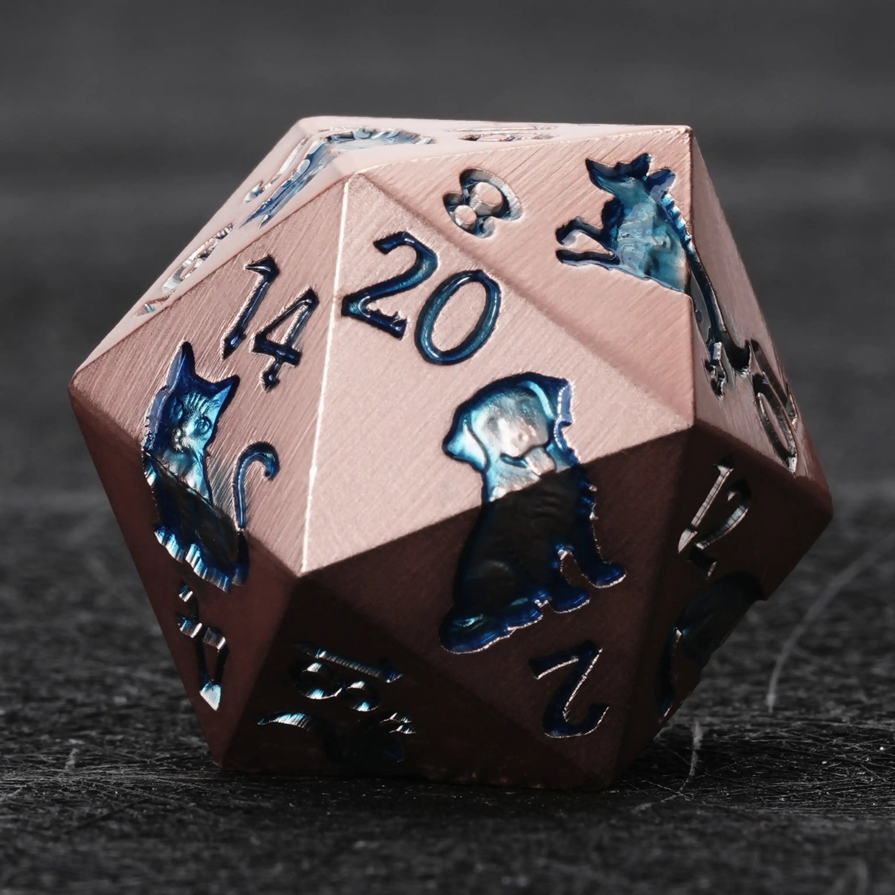 Rose gold metal D20 animal ally dice with blue dragon design by BearDice