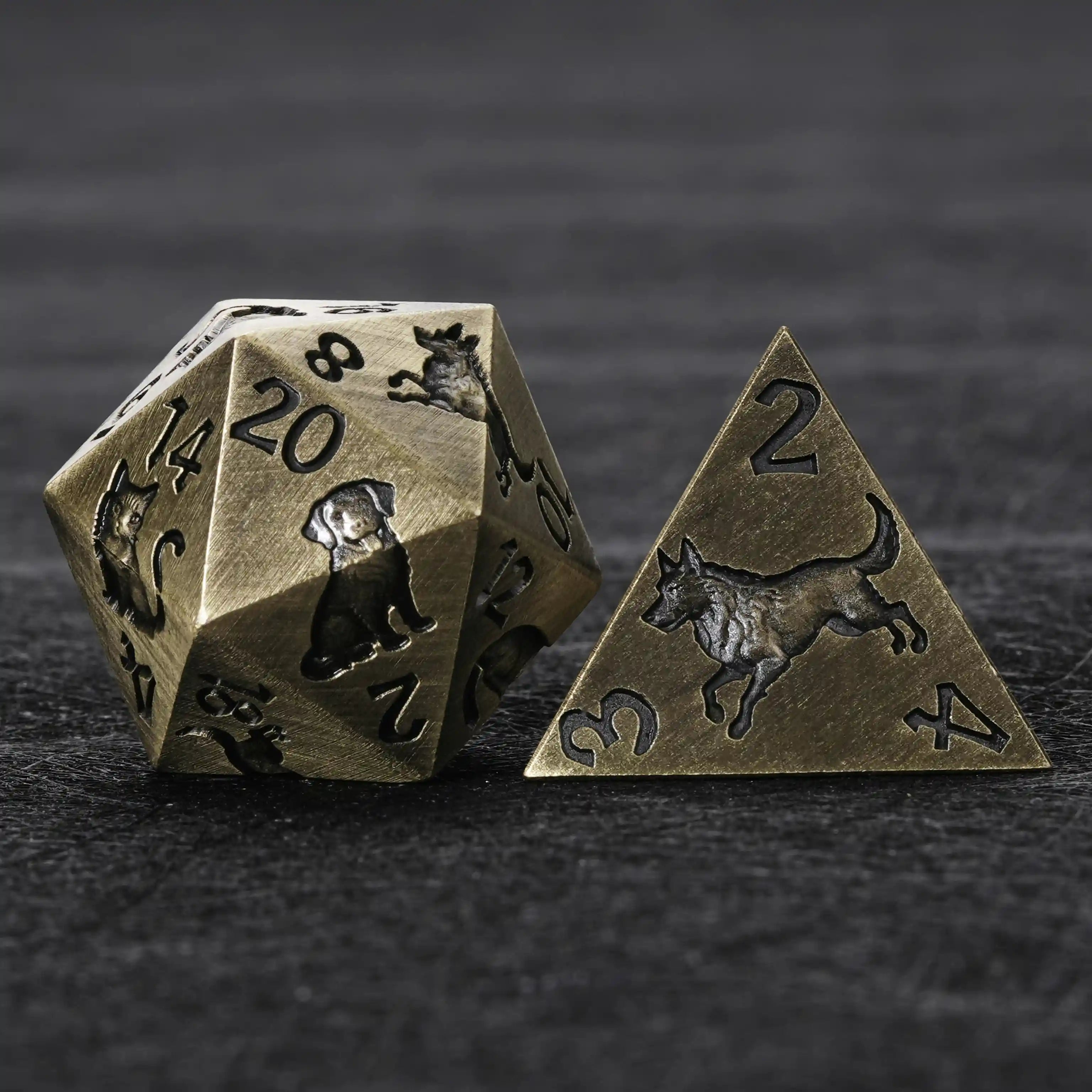 Bronze metal triangular D4 dice animal ally Kickstarter BearDice