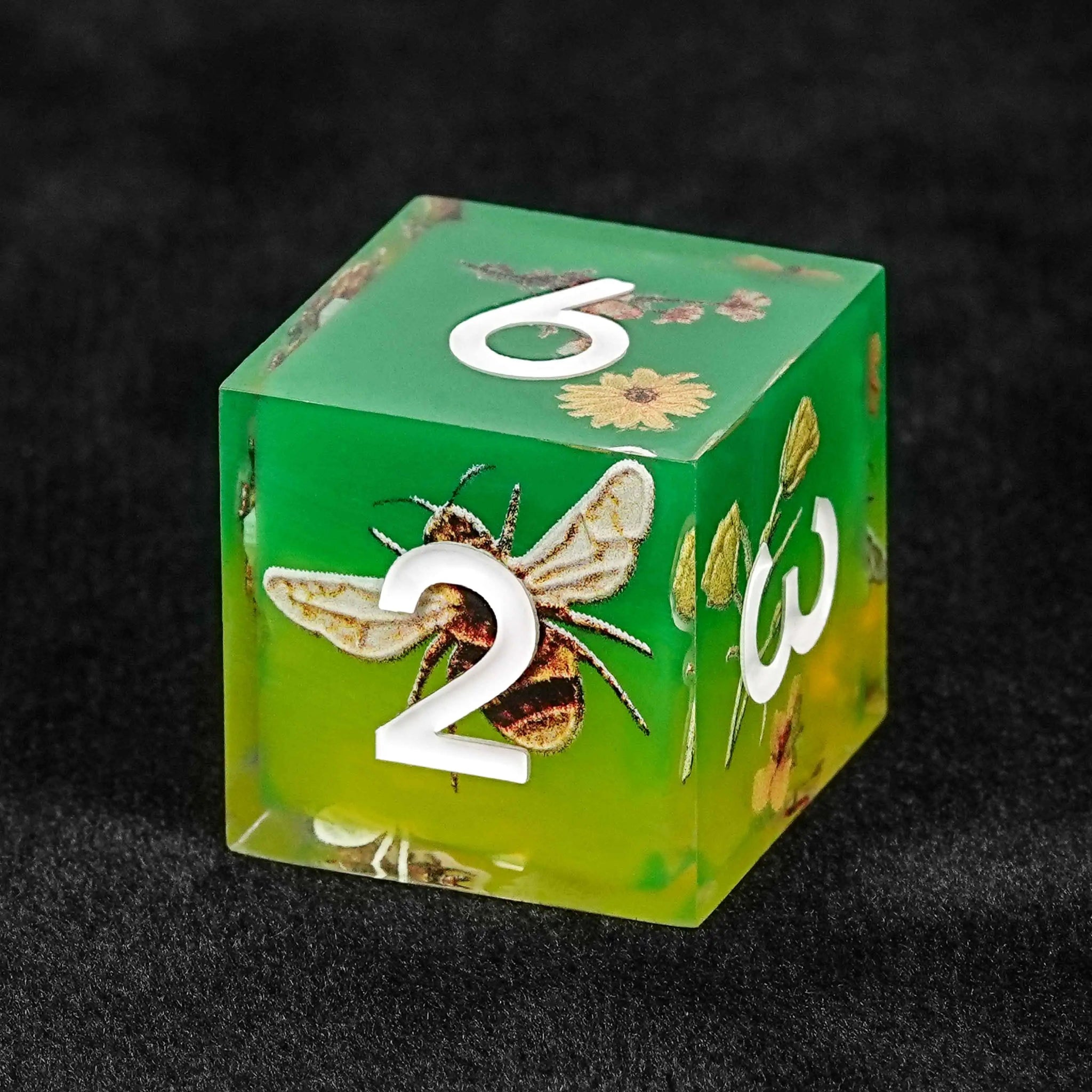 Bees Collecting Honey from Flowers Yellow - Green Resin RPG Dice Set + White Font - Bear Dice