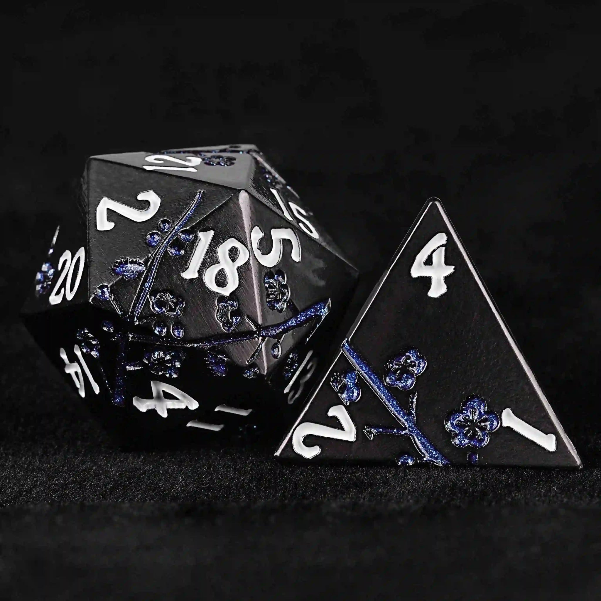 Black and Blue Cherry Blossom Metal DND Dice Set + White Number - Bear Dice