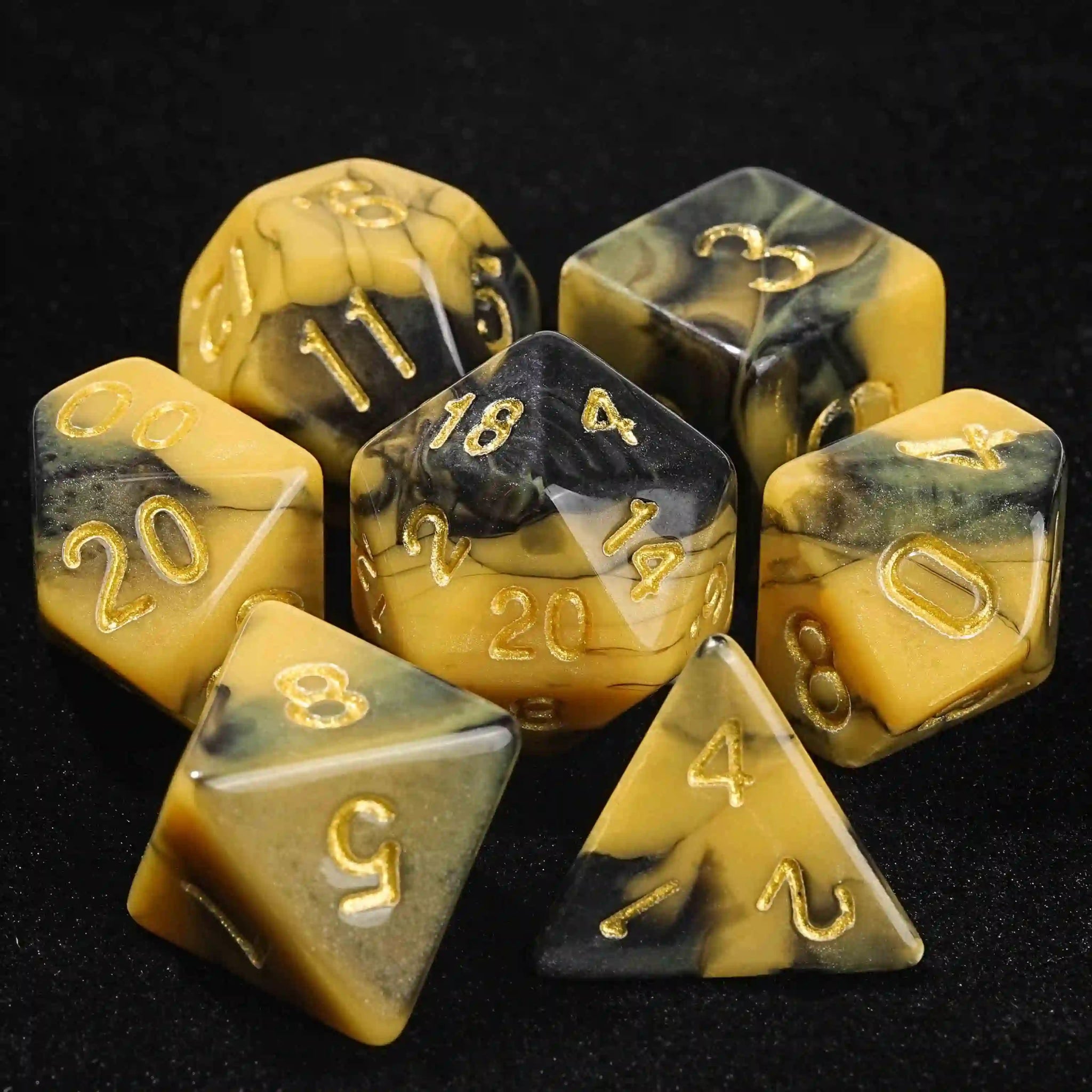 Black Gold Swirl Acrylic DND Dice Set - Bear Dice