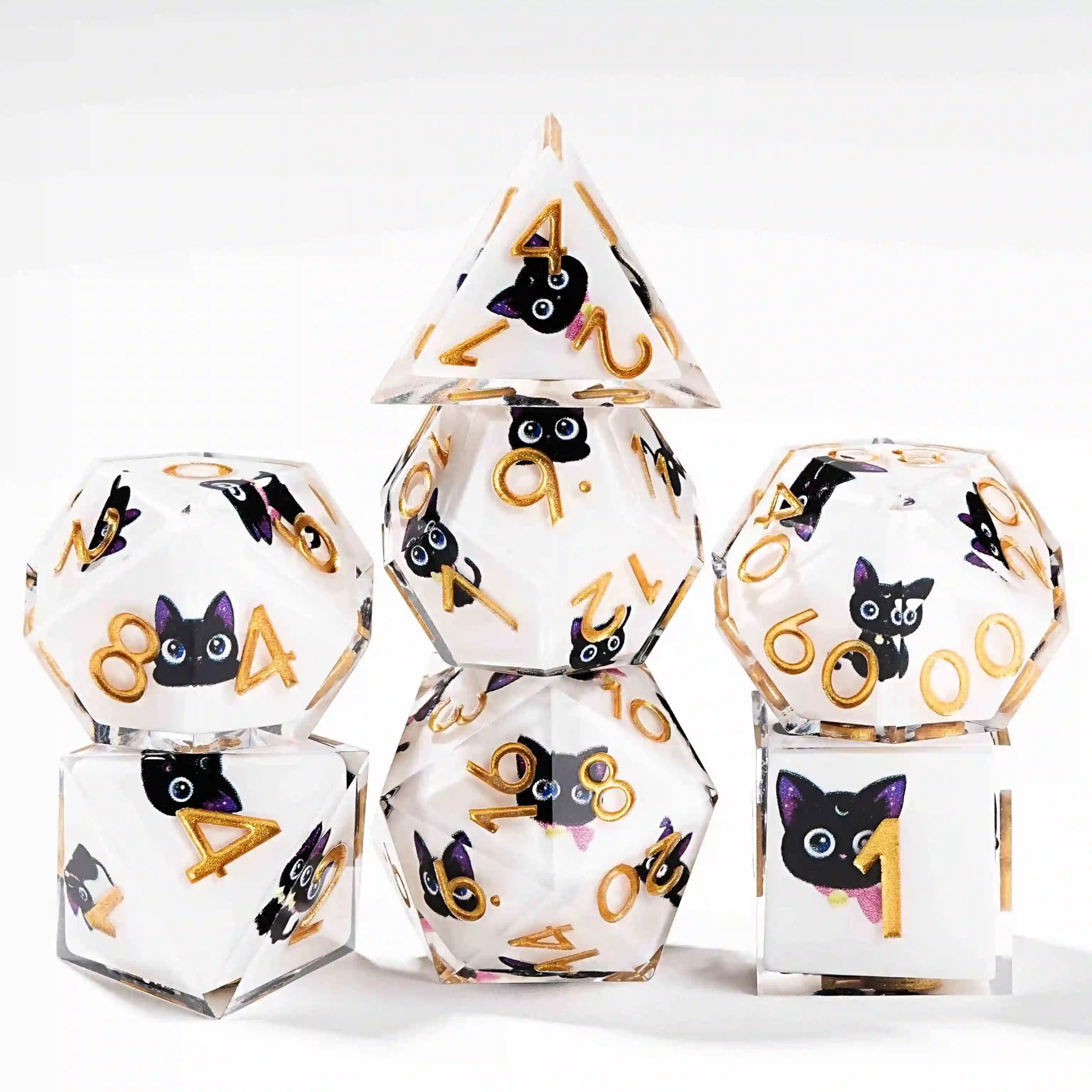 Black purple ears and big eyes cute cat resin DND dice set + gold font - Bear Dice