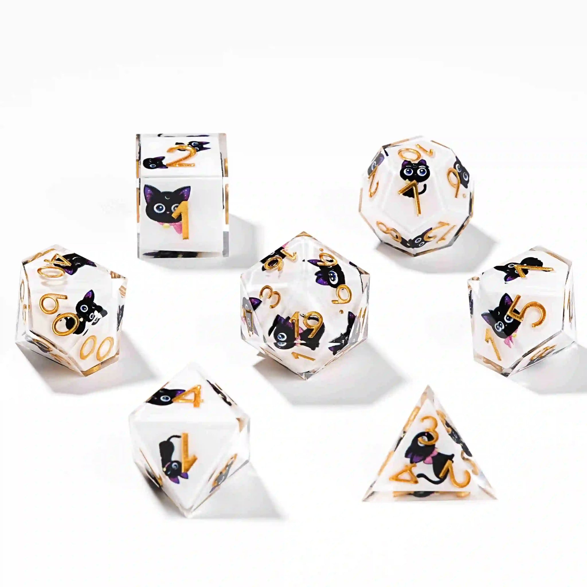 Black purple ears and big eyes cute cat resin DND dice set + gold font - Bear Dice