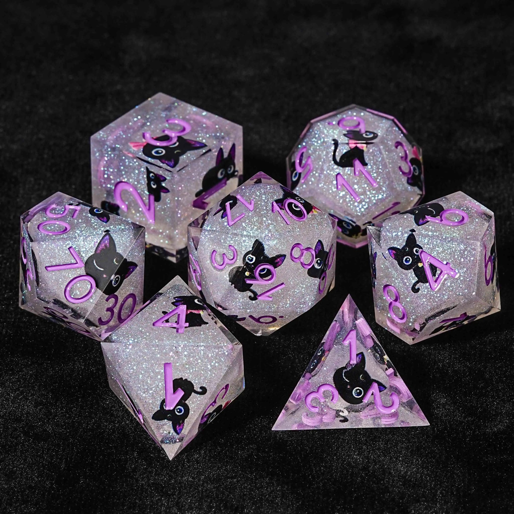 Black purple ears and big eyes cute cat resin DND dice set + gold font - Bear Dice