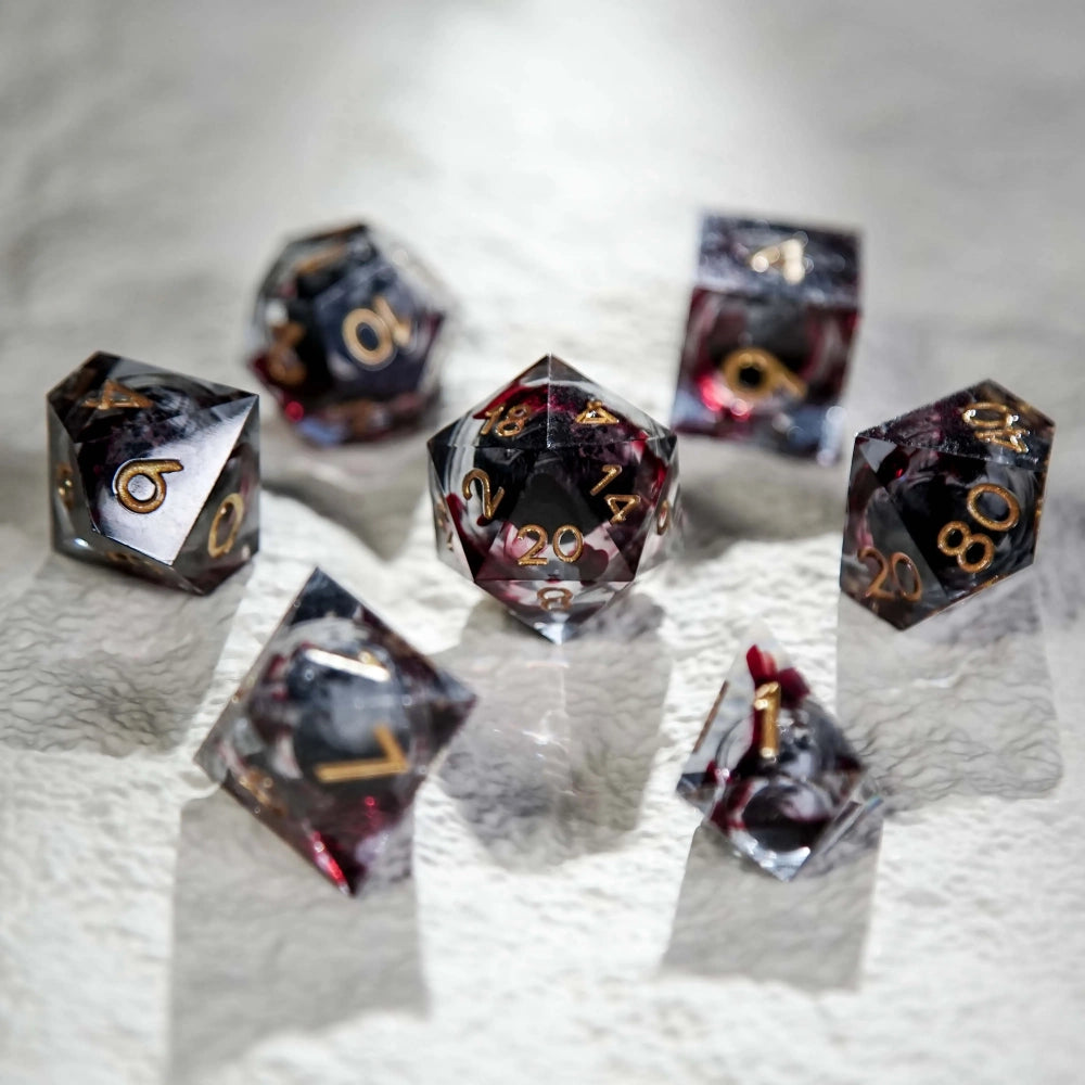 Blood Red Skull Core Resin DND Dice Set + Gold Font - Bear Dice