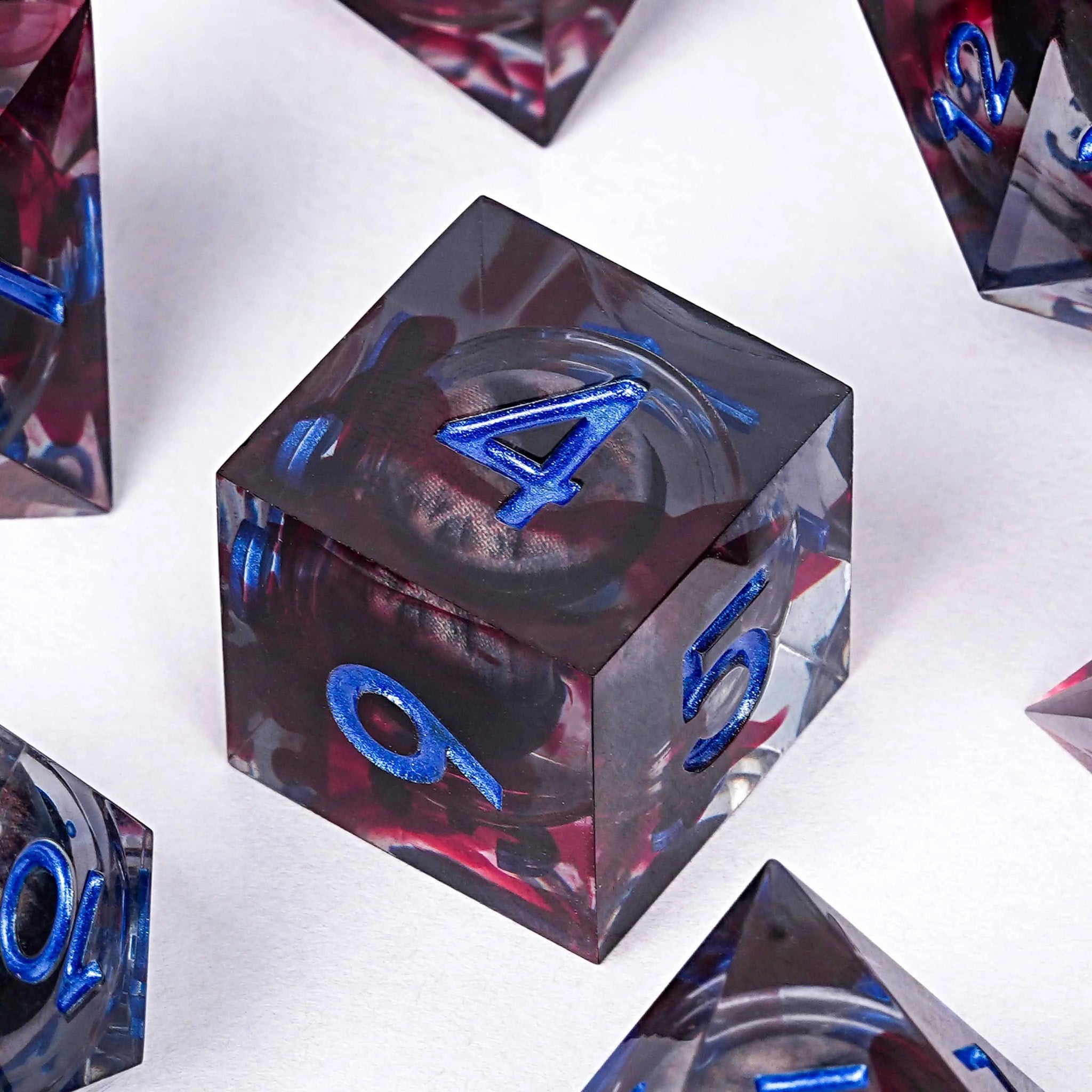 Blood - stained Black Dragon Eye Liquid Core Resin Polyhedron DND Dice Set + Blue Font - Bear Dice