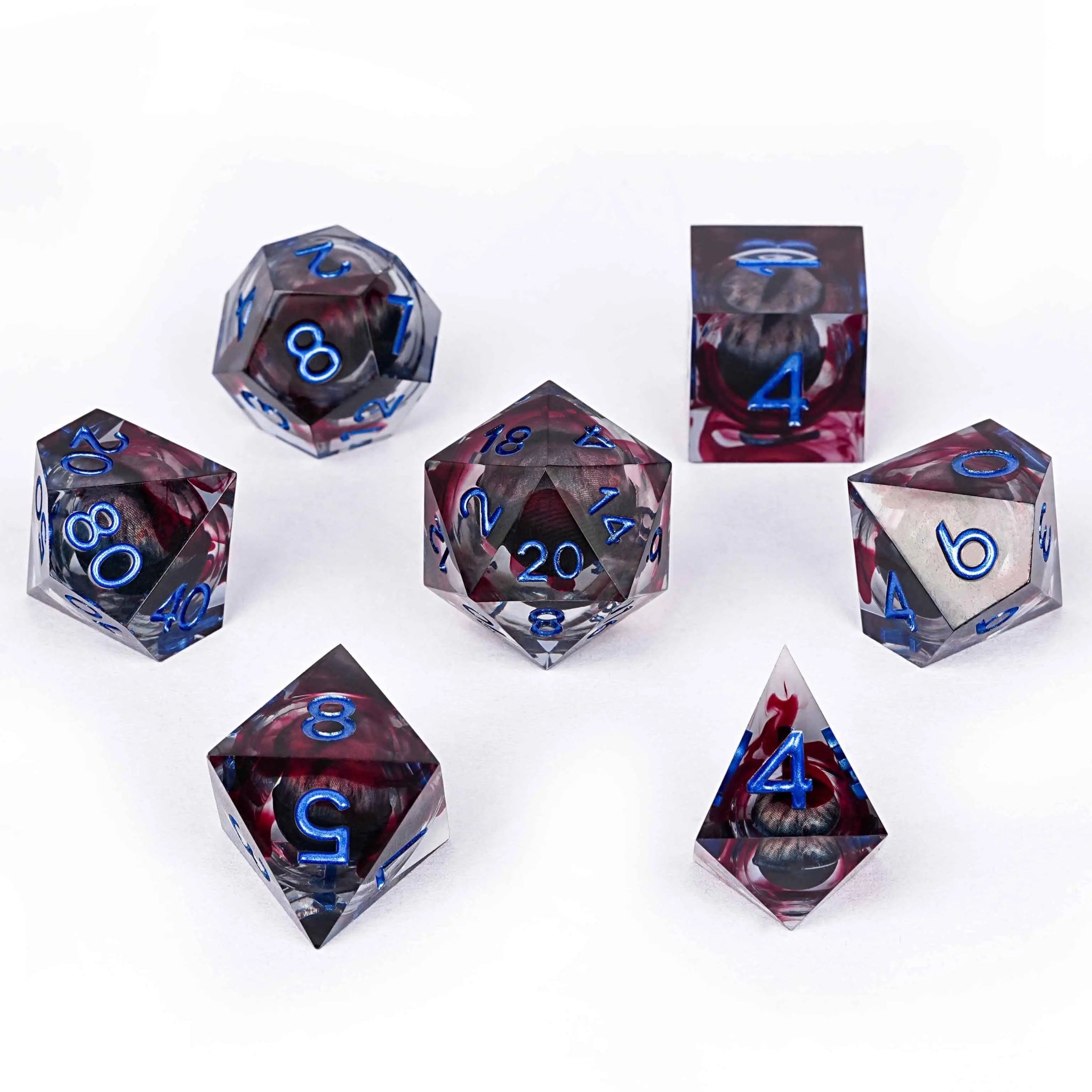 Blood - stained Black Dragon Eye Liquid Core Resin Polyhedron DND Dice Set + Blue Font - Bear Dice
