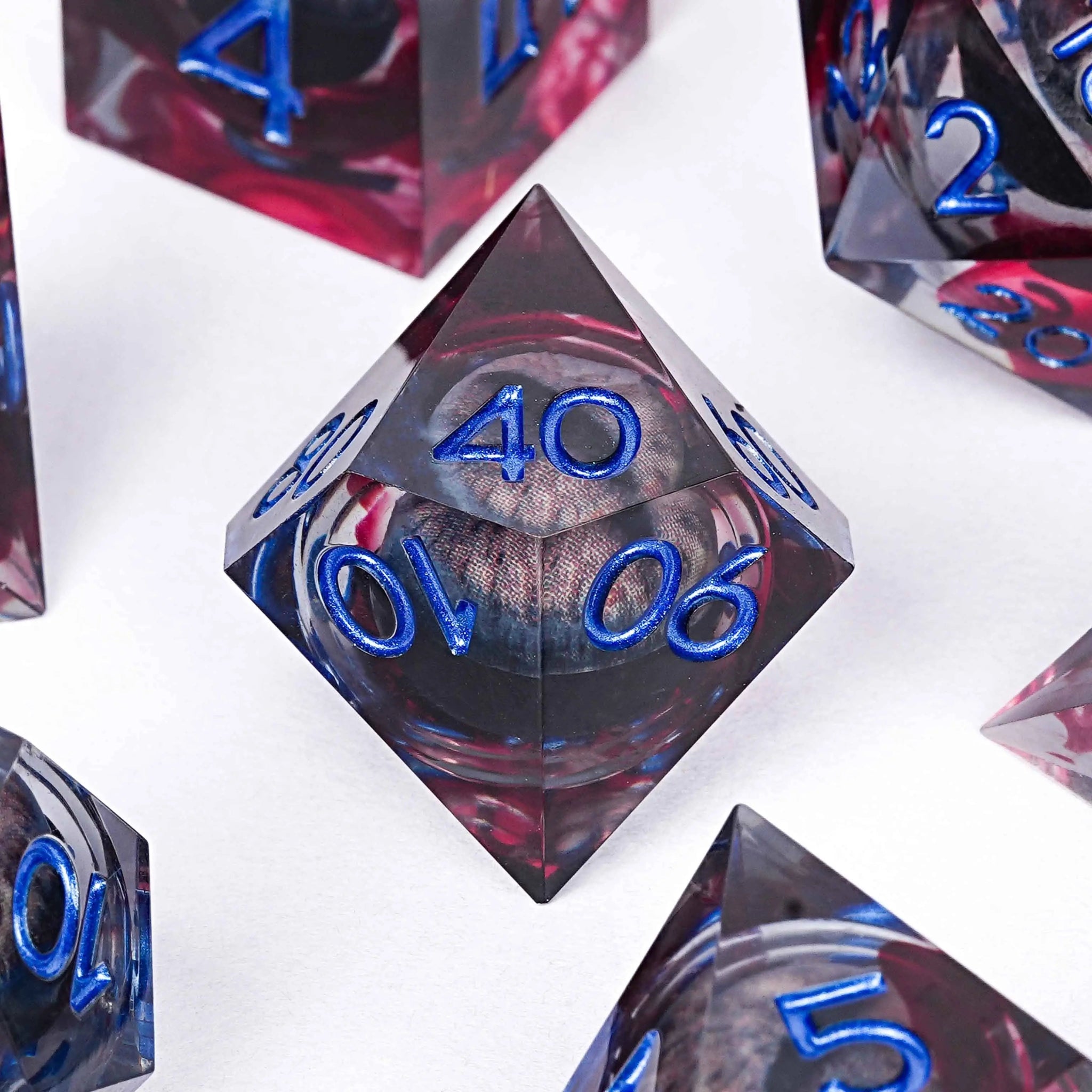 Blood - stained Black Dragon Eye Liquid Core Resin Polyhedron DND Dice Set + Blue Font - Bear Dice