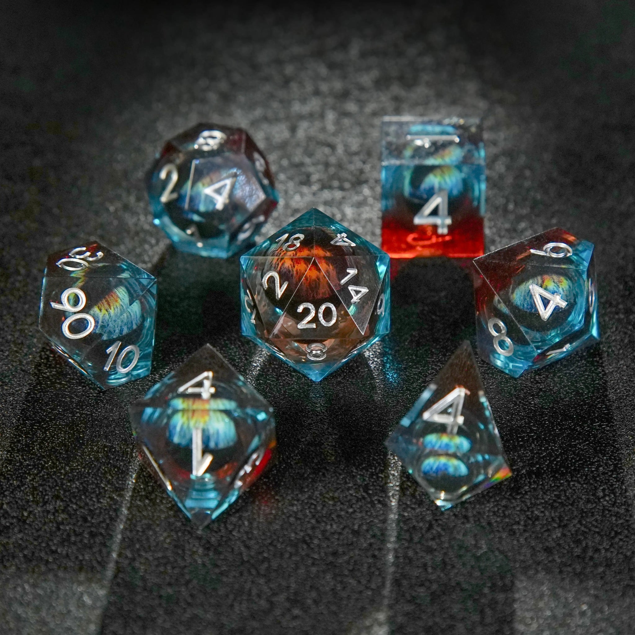 Blue and Red Transparent Liquid Core Dragon Eye Resin DND Dice Set + Silver Numbers - Bear Dice