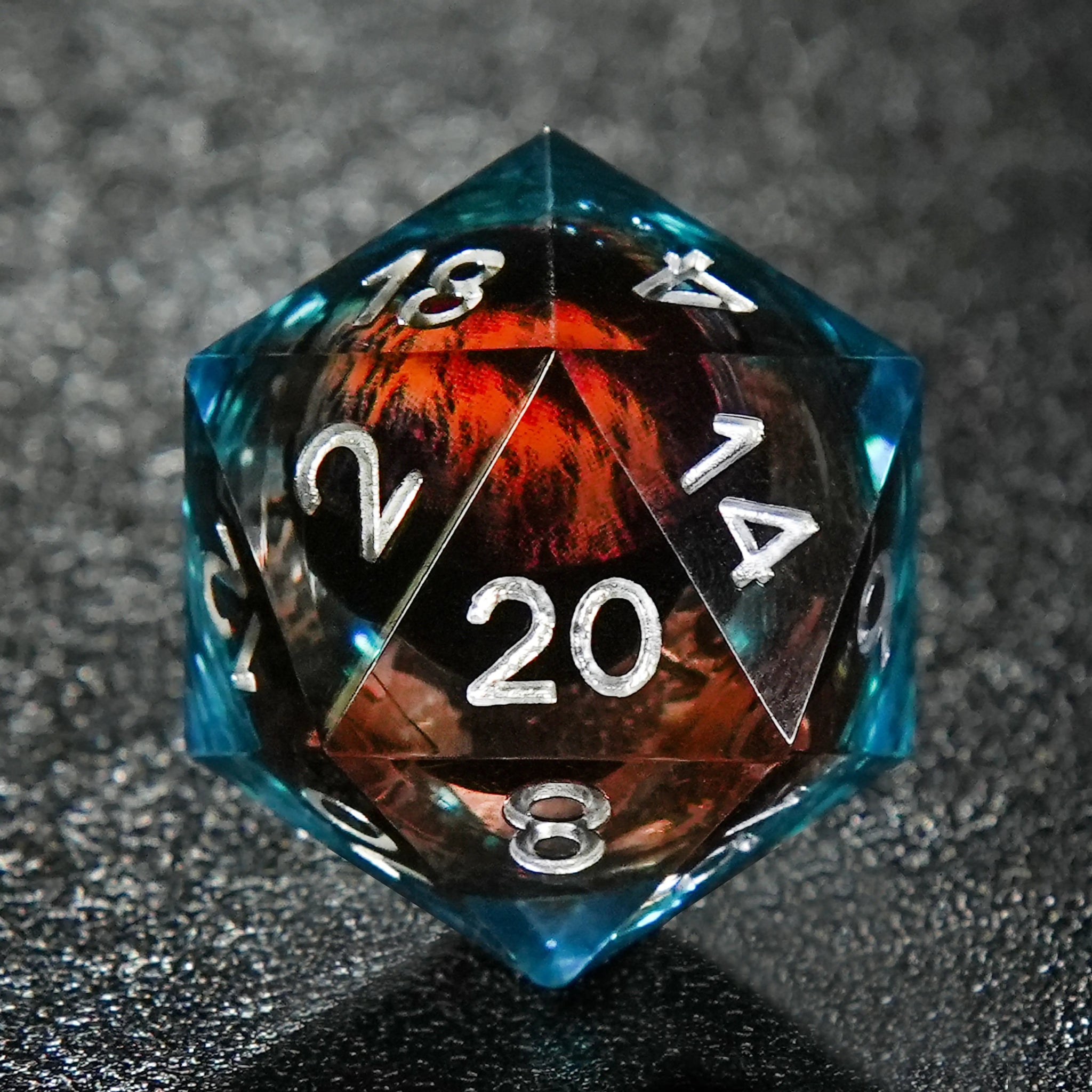 Blue and Red Transparent Liquid Core Dragon Eye Resin DND Dice Set + Silver Numbers - Bear Dice