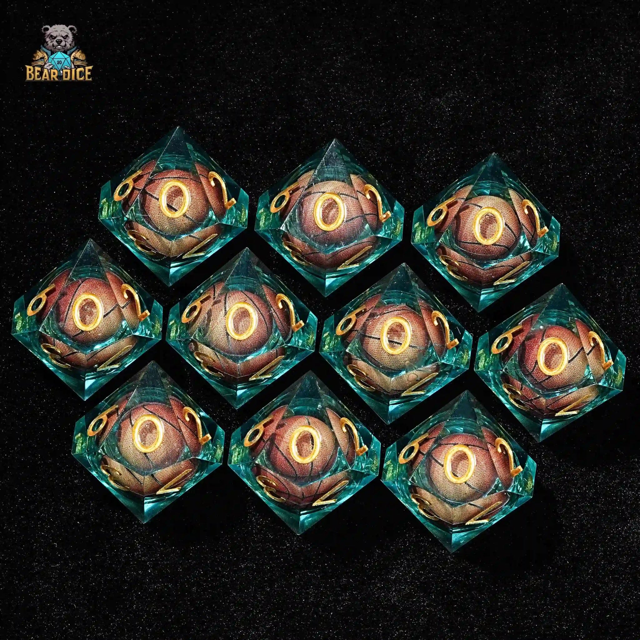 Blue Clear Resin D10 Dice - Basketball Liquid Core 10 Sided Dice - Bear Dice