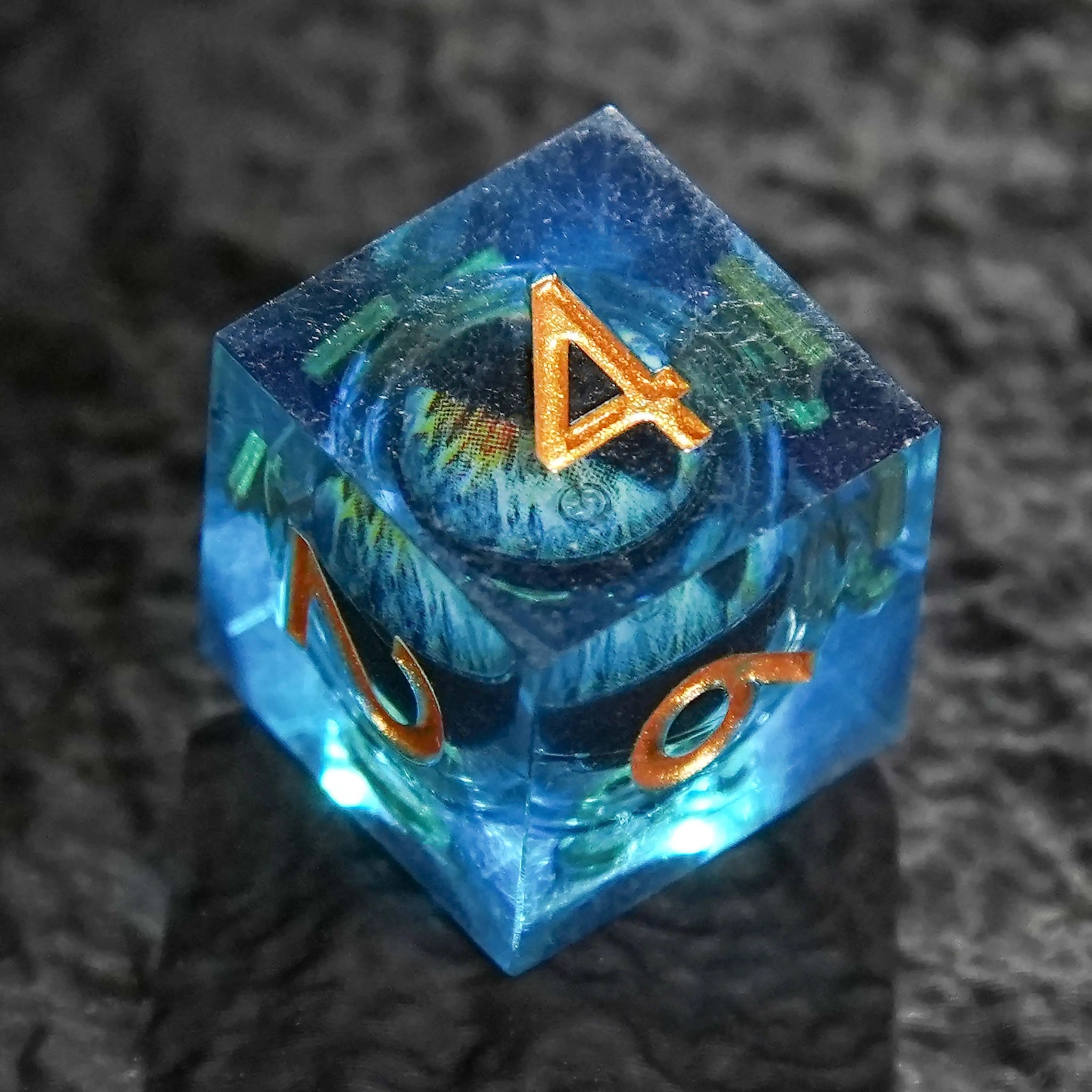 Blue Dragon's Eye Liquid Core Resin DND Dice Set + Gold Numbers - Bear Dice