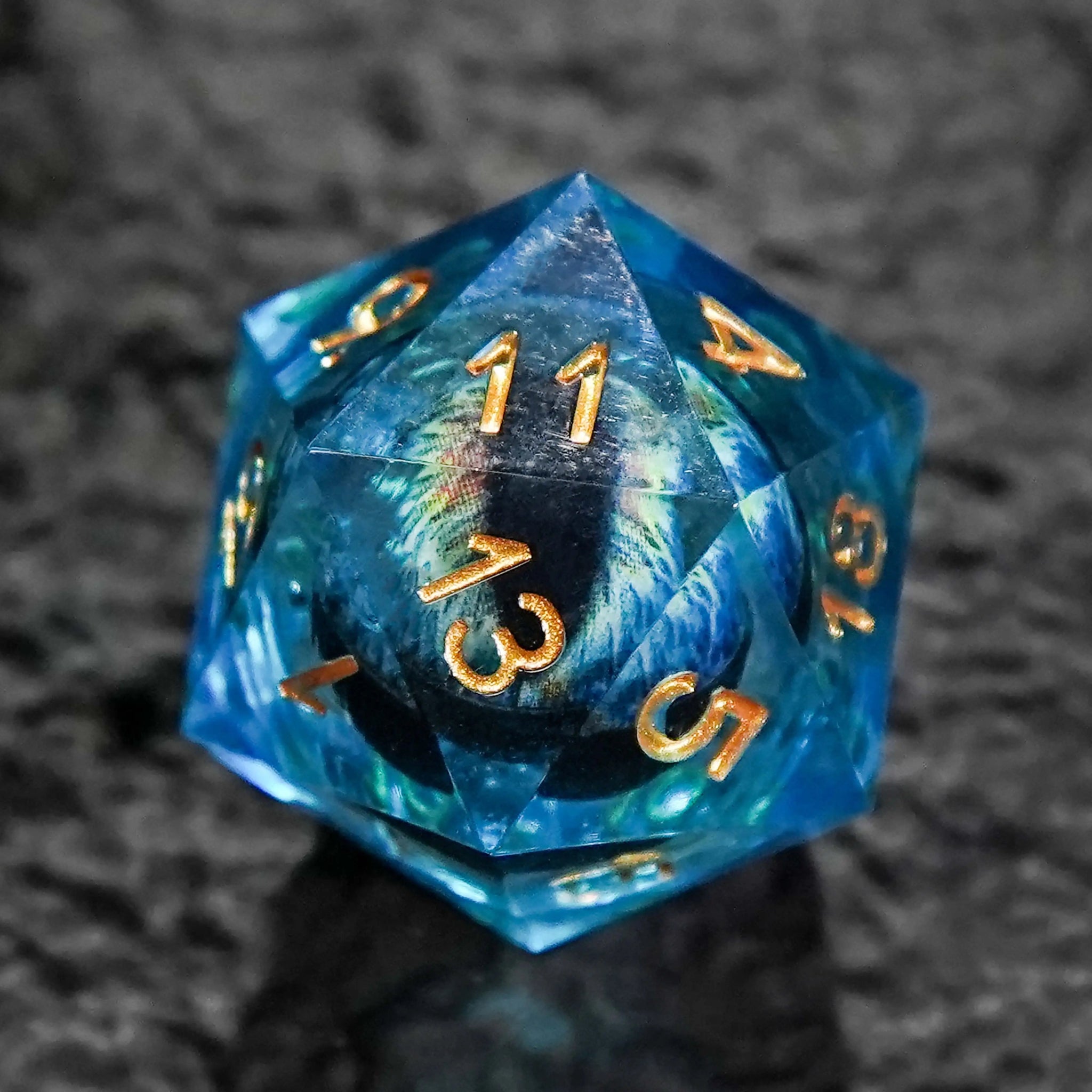 Blue Dragon's Eye Liquid Core Resin DND Dice Set + Gold Numbers - Bear Dice