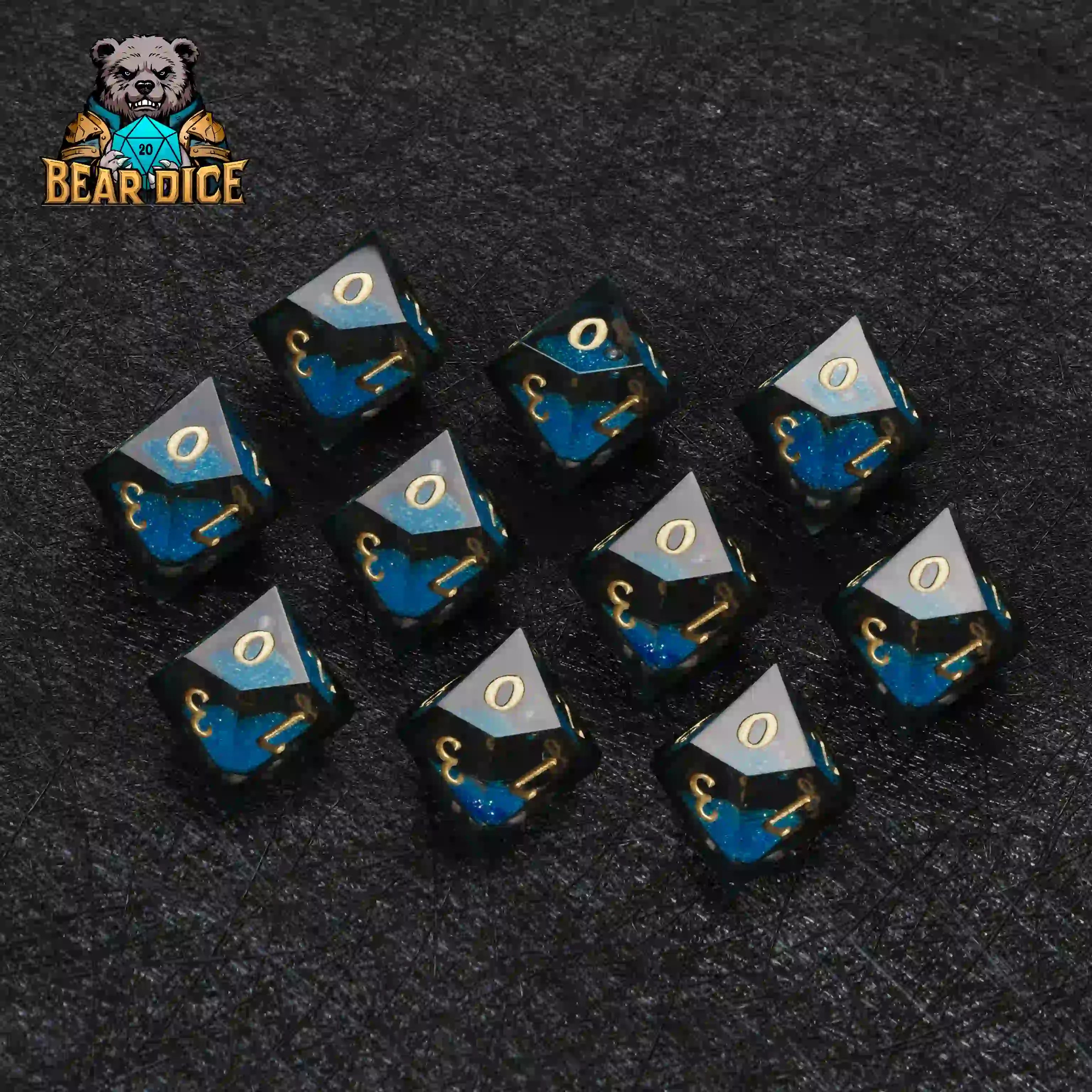 Blue Liquid Core D10 Dice Set with soft storage pouch included | Bear Dice