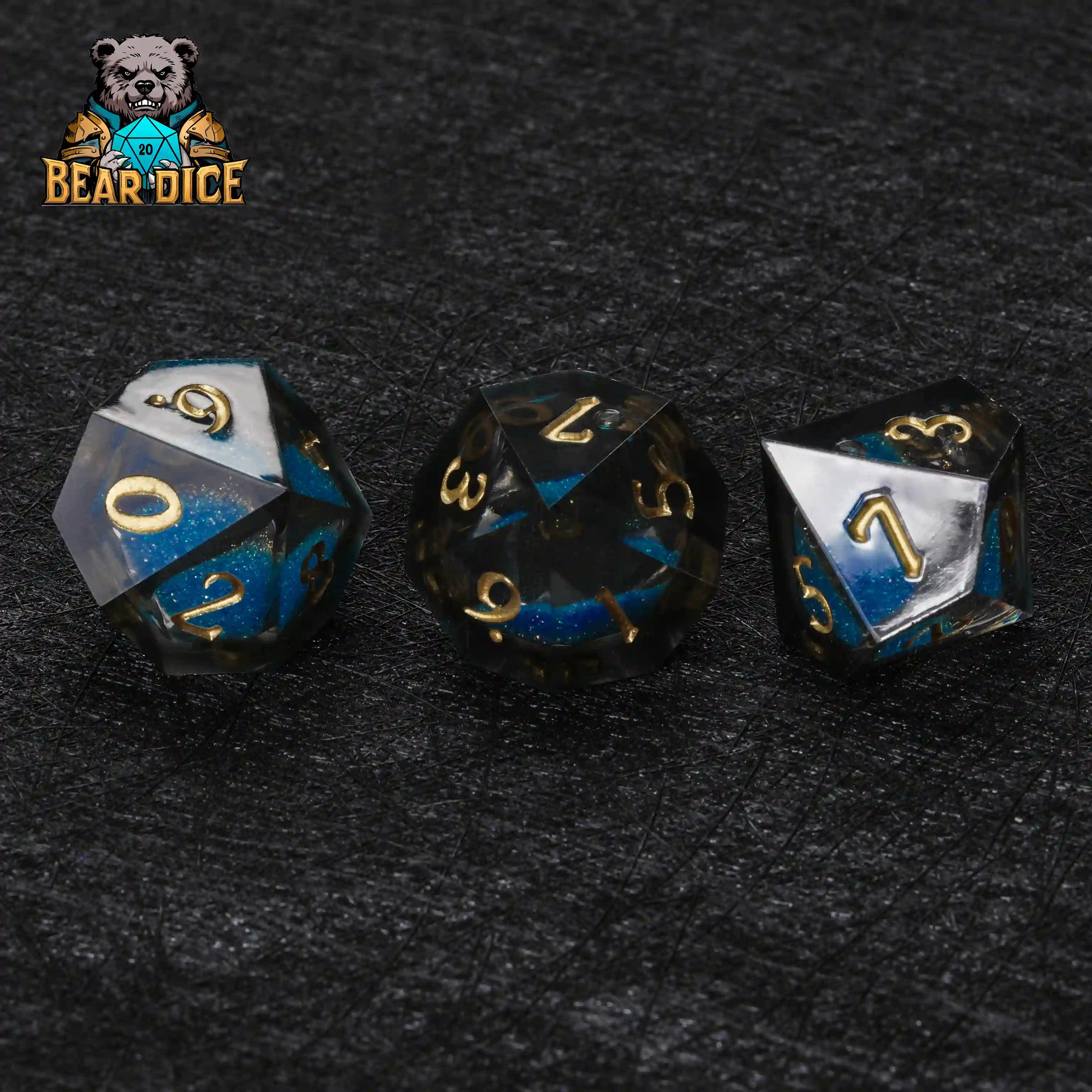 Blue Liquid Core Resin D10 dice rolling on a table during tabletop RPG gameplay | Bear Dice