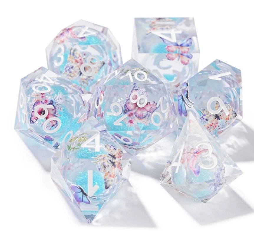 Blue Quicksand Butterfly Resin Dice Set + White Numbers - Bear Dice
