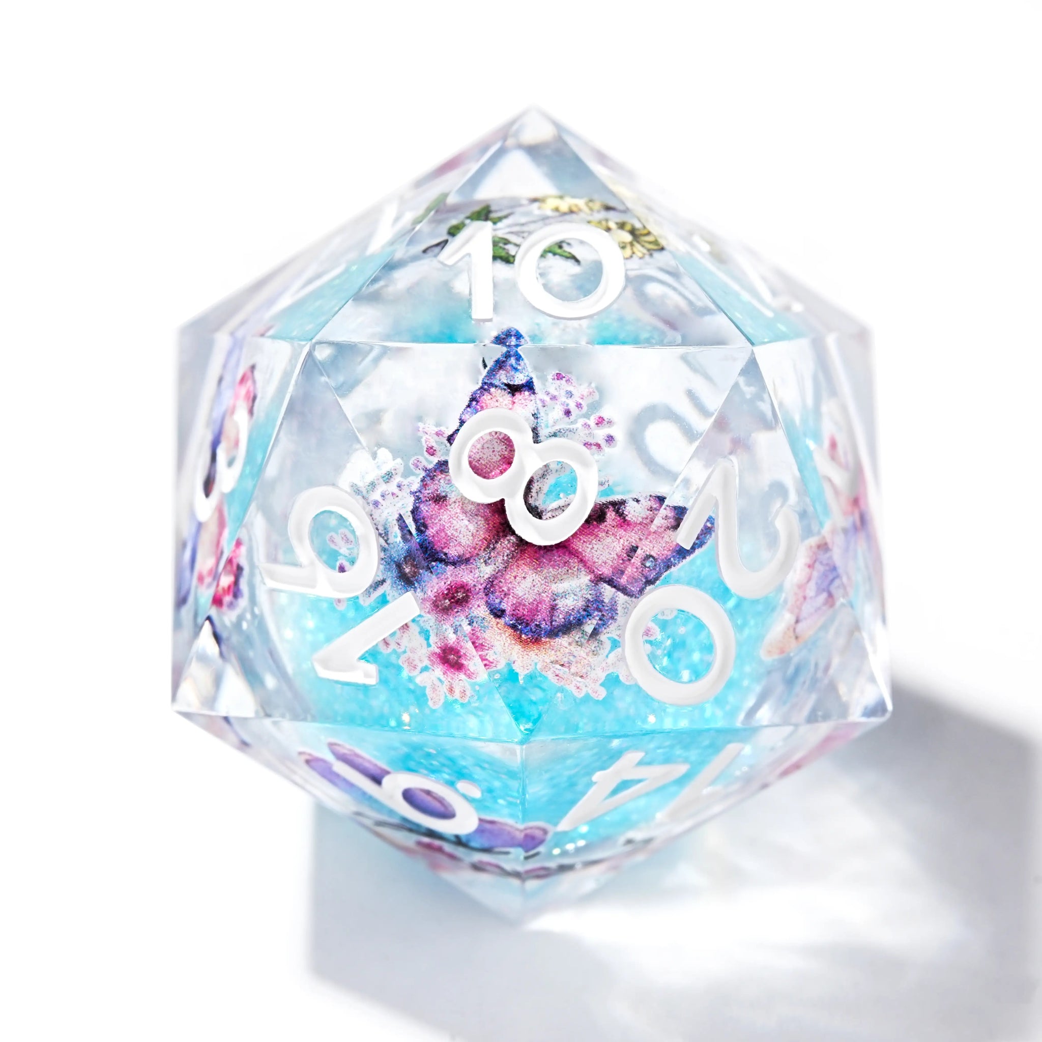 Blue Quicksand Butterfly Resin Dice Set + White Numbers - Bear Dice