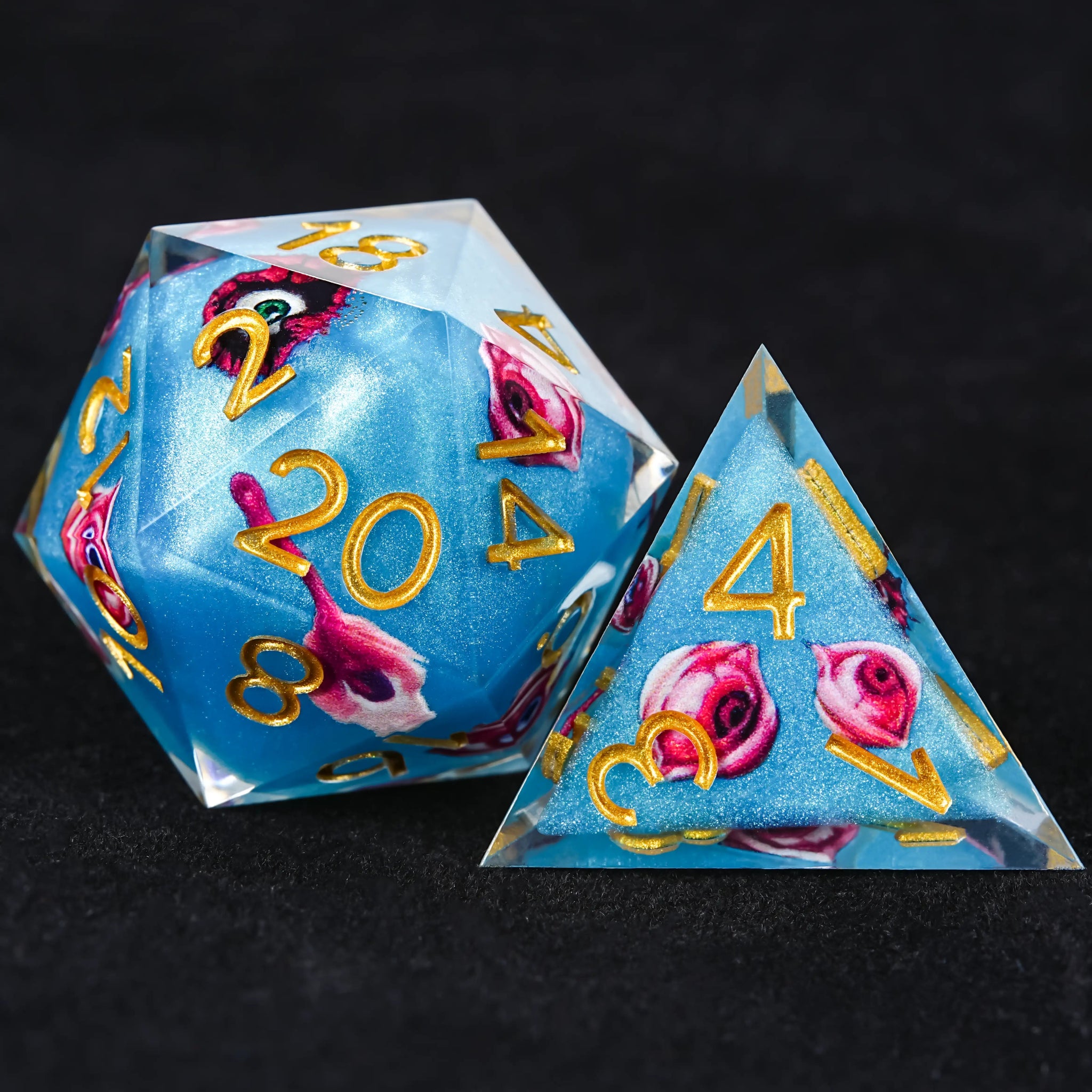 Blue Red Eye Resin Dice Set with Gold Numbers - RPG DND - Bear Dice