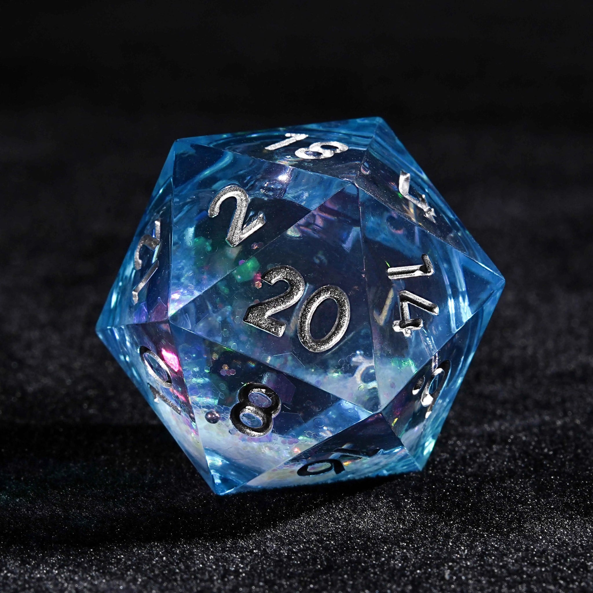 Blue resin dice set with colorful sequin quicksand cores - Bear Dice
