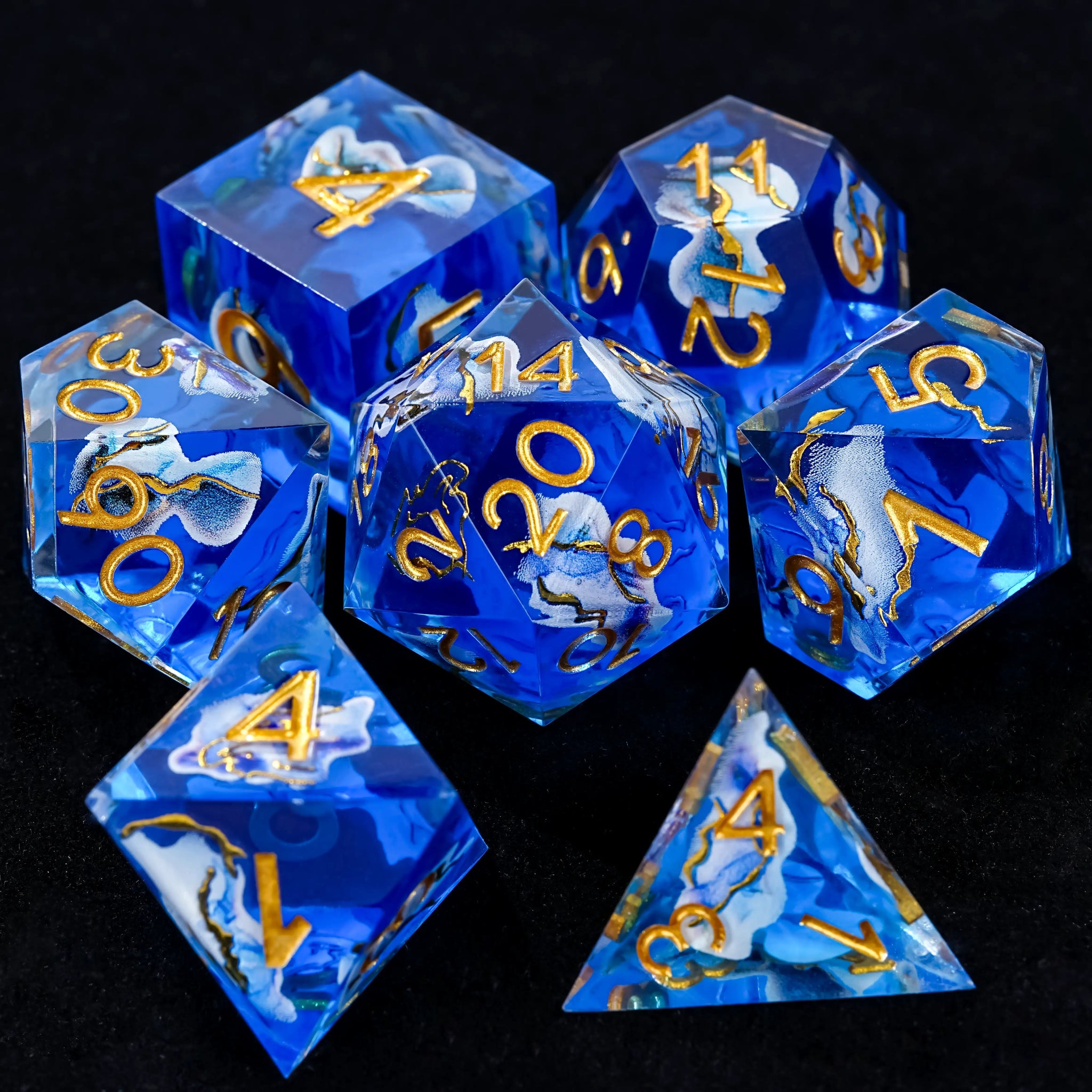 Blue Sea Star Resin Dice Set with Gold Numbers - RPG DND - Bear Dice