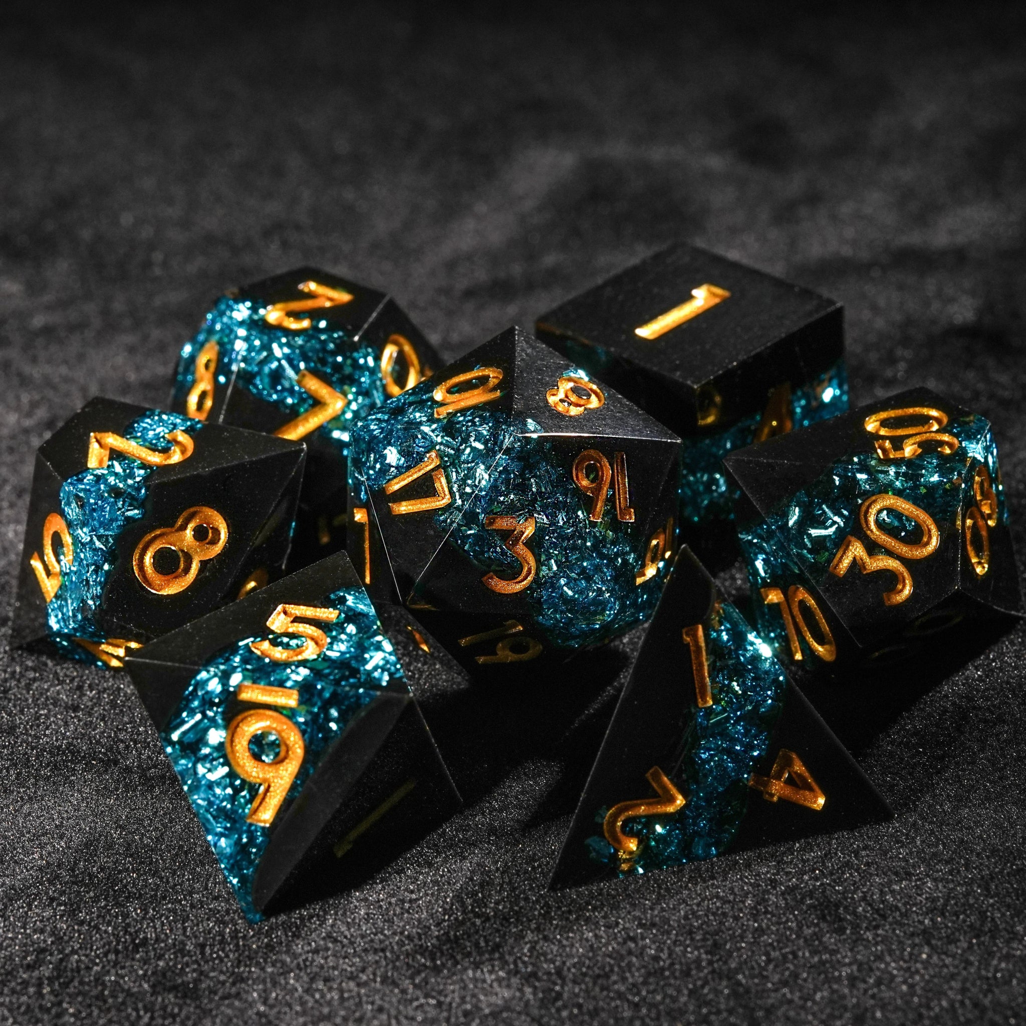 Blue Star River - Dark Resin DND Dice Set + Gold Font - Bear Dice