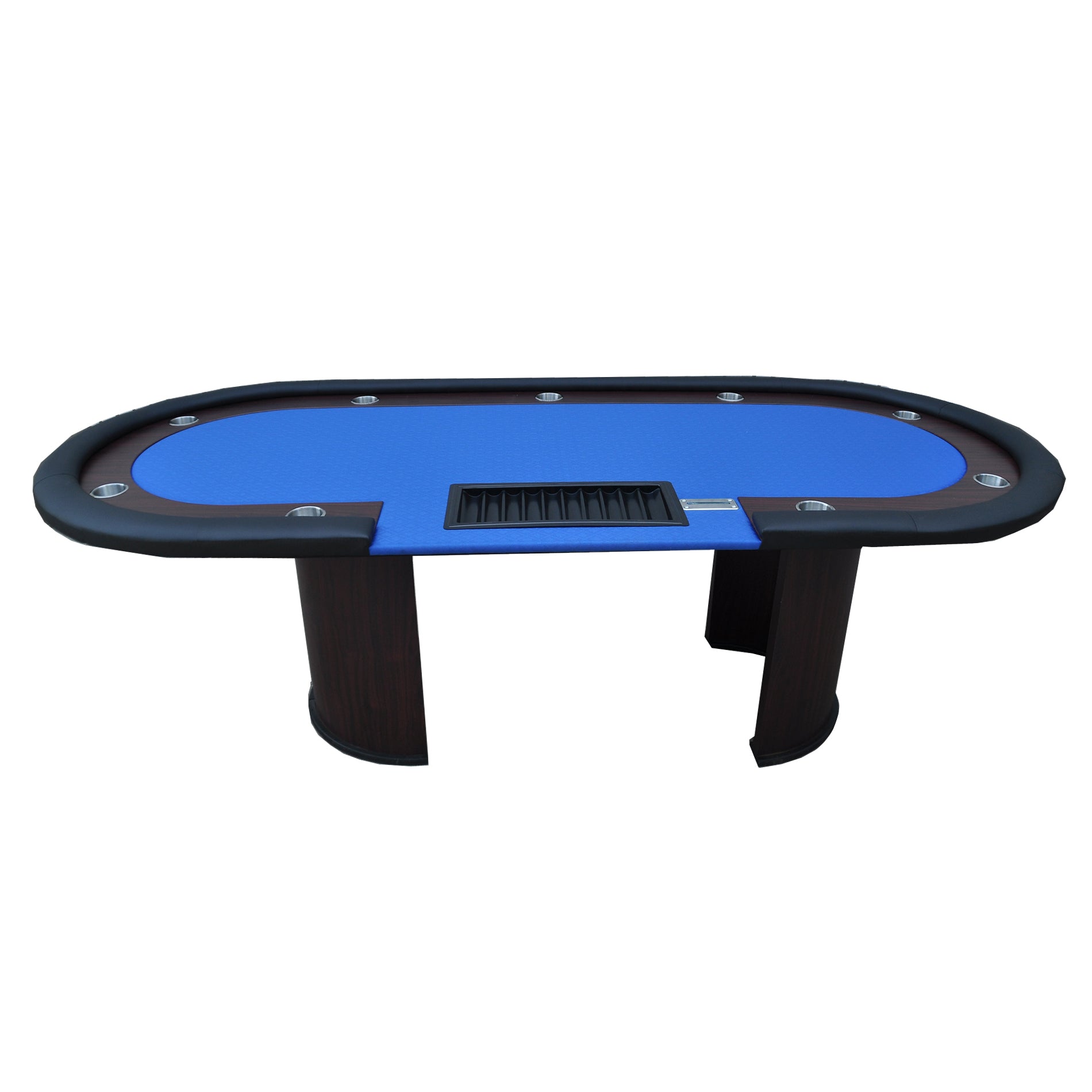 96-inch blue felt casino poker table with U-shaped legs, seating 9 players and 1 dealer | Bear Dice