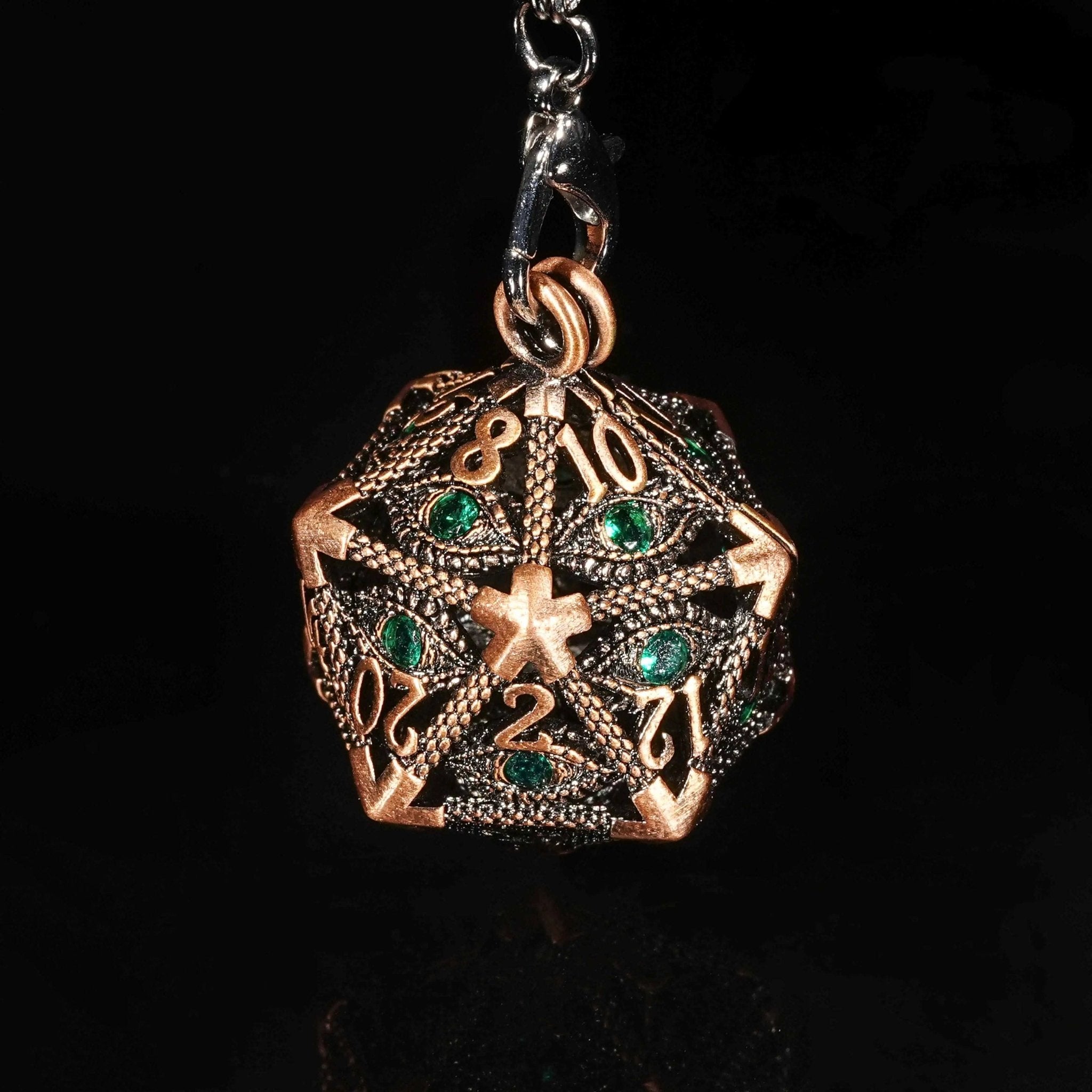 Bronze Emerald Dragon Eye Hollow Metal Dice Keychain + 7 Mini Metal DND Dice Set - Bear Dice