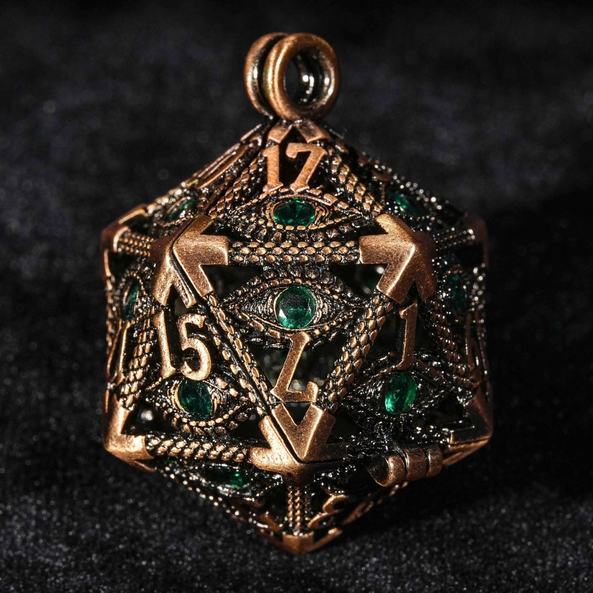 Bronze Emerald Dragon Eye Hollow Metal Dice Keychain + 7 Mini Metal DND Dice Set - Bear Dice