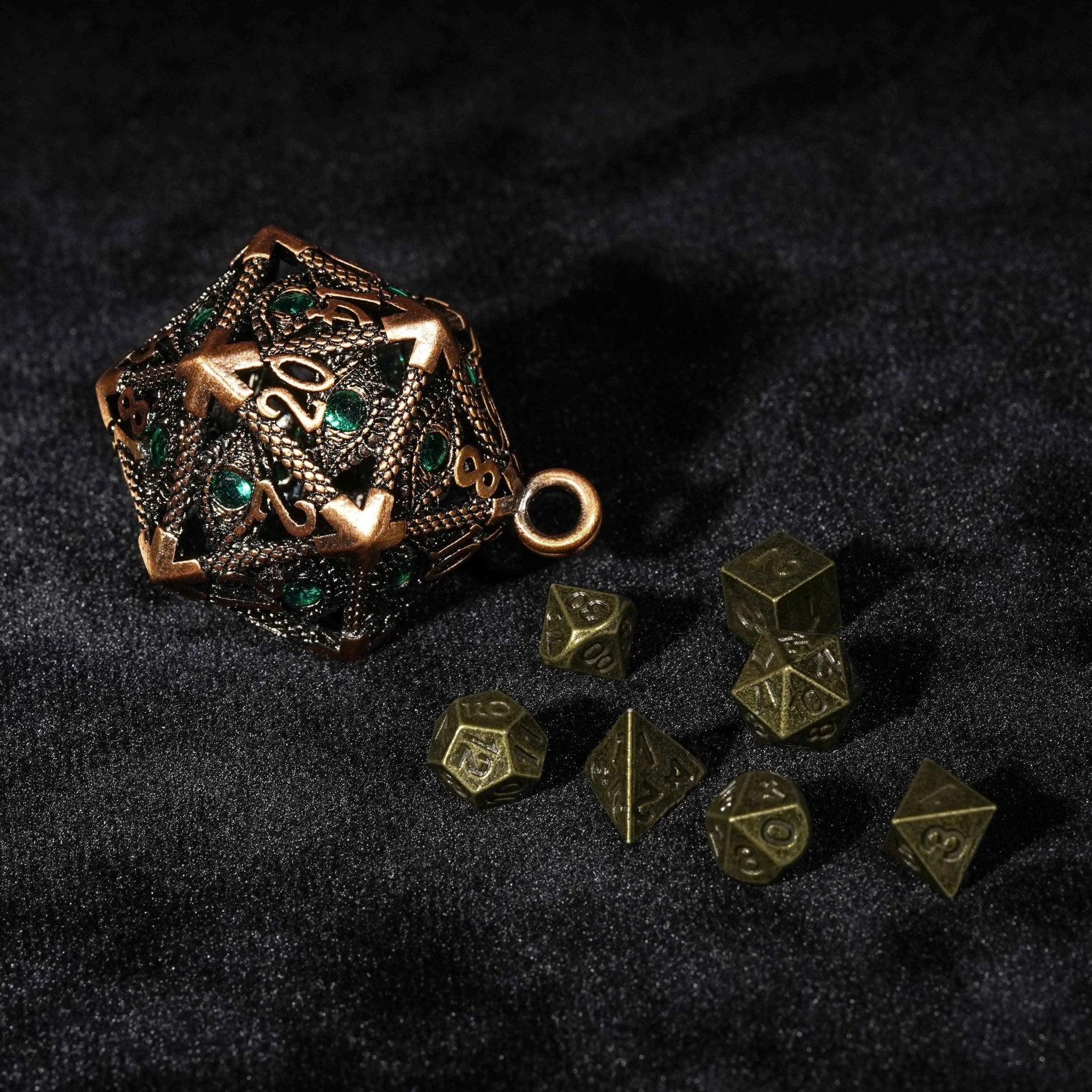 Bronze Emerald Dragon Eye Hollow Metal Dice Keychain + 7 Mini Metal DND Dice Set - Bear Dice