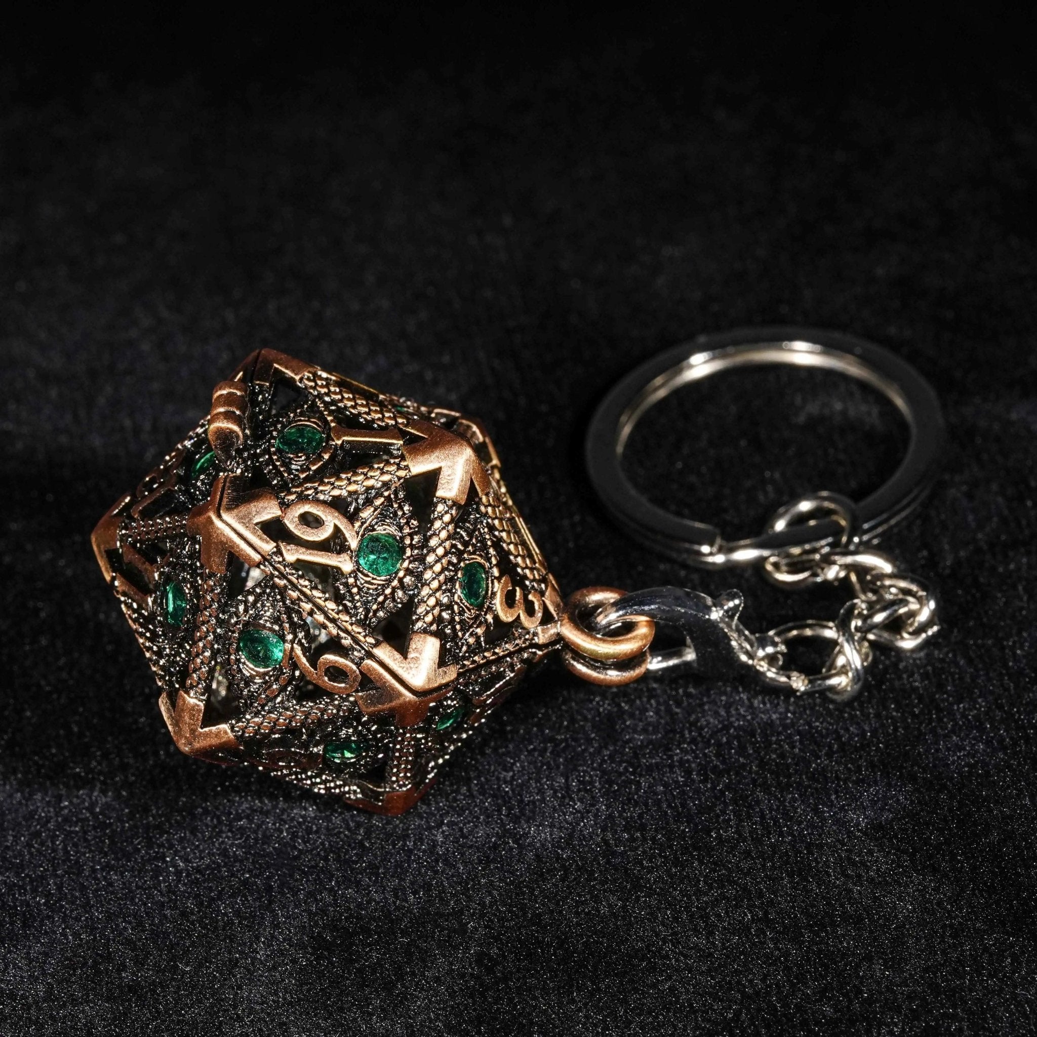Bronze Emerald Dragon Eye Hollow Metal Dice Keychain + 7 Mini Metal DND Dice Set - Bear Dice
