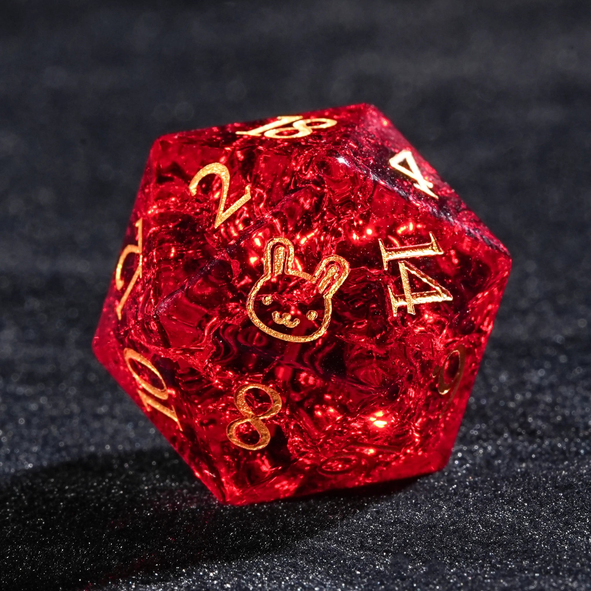 DND Burst Red Clear Glass D20 Dice with Gold Rabbit Engraving | Bear Dice