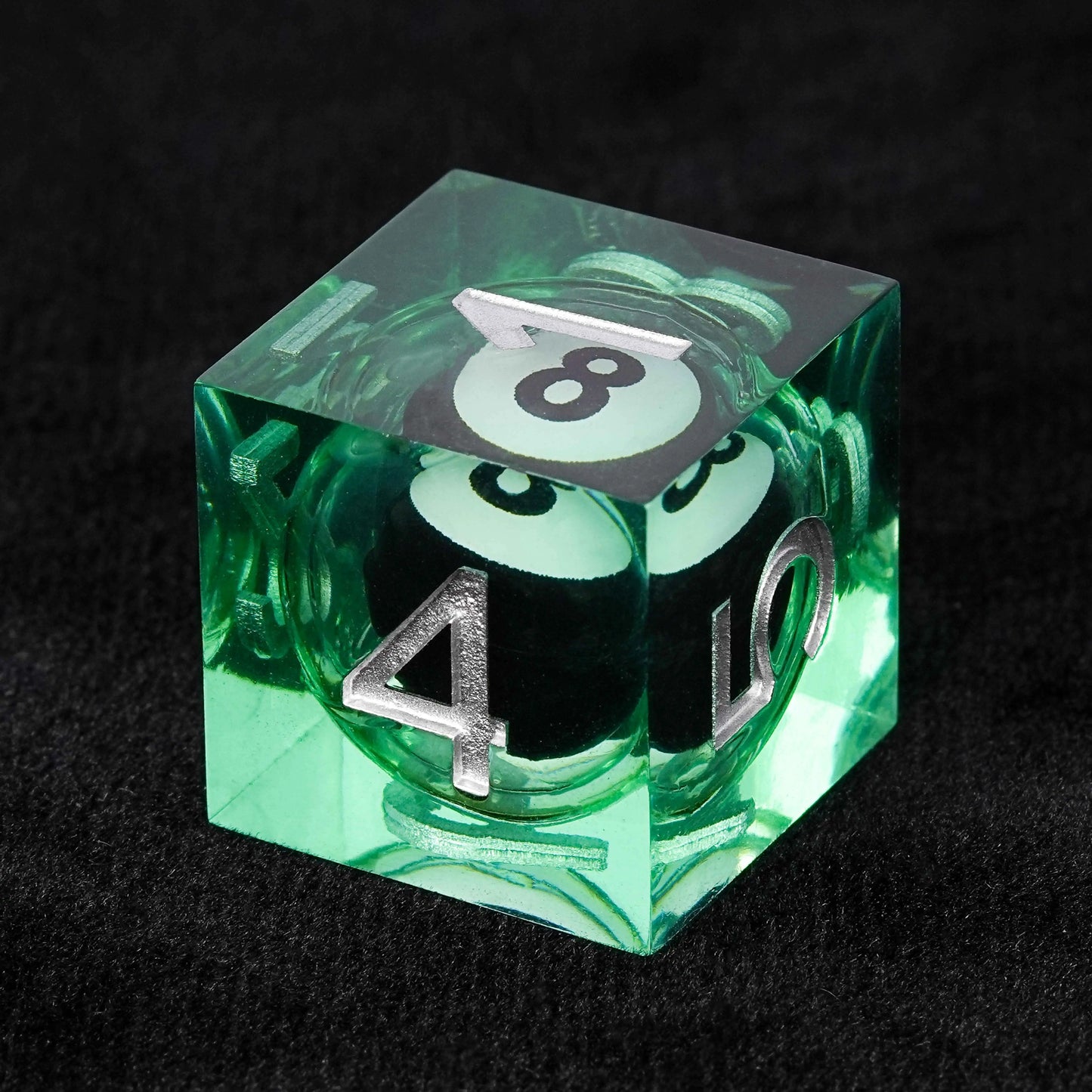 Black and White No. 8 Billiard Ball Core Green Resin DND D6 Dice + Silver Font | Bear Dice