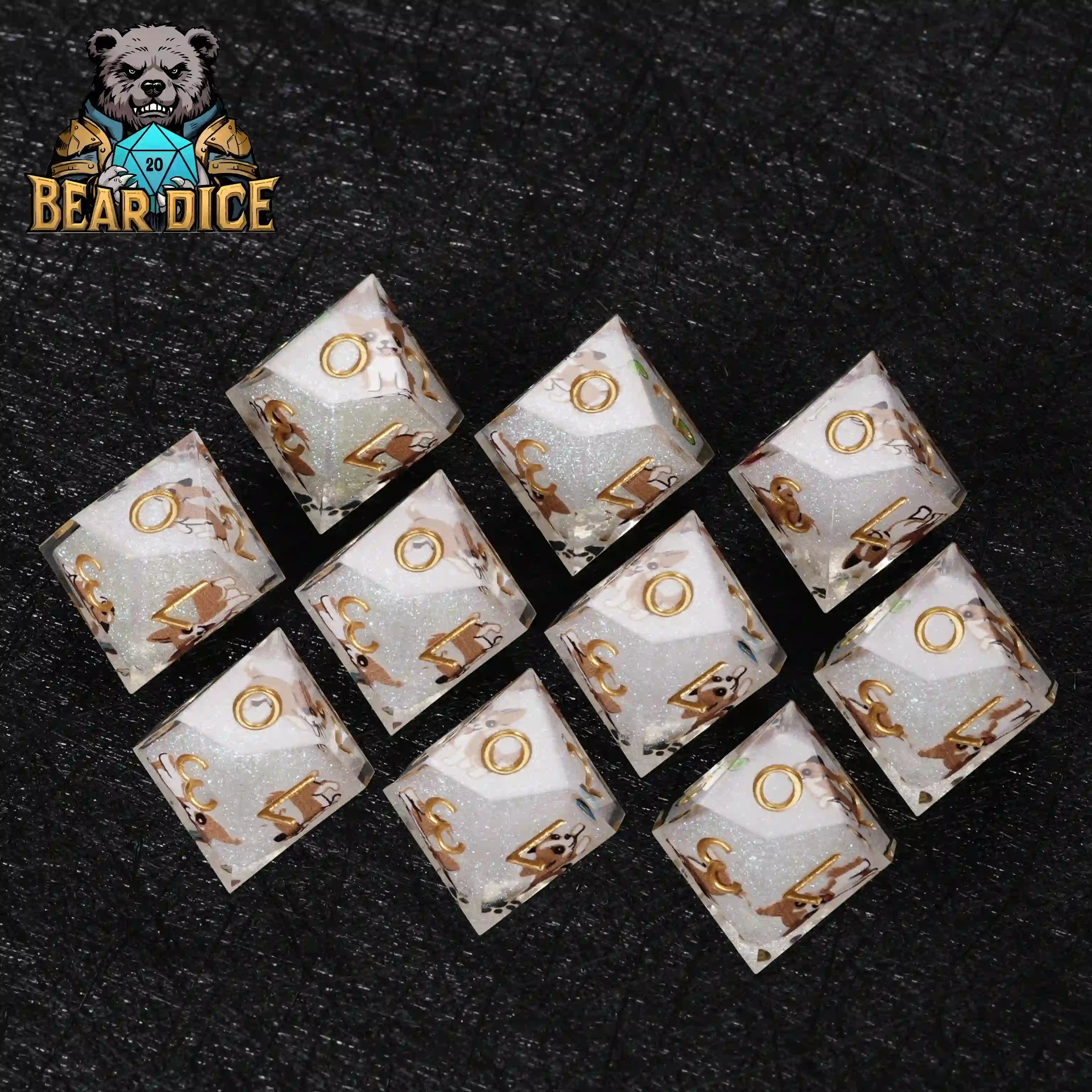 Top view of 10 Chihuahua White Glitter Resin D10 Dice, dog-themed dice with gold numerals, high-quality resin, perfect for D&D, Pathfinder, and tabletop RPGs | Bear Dice