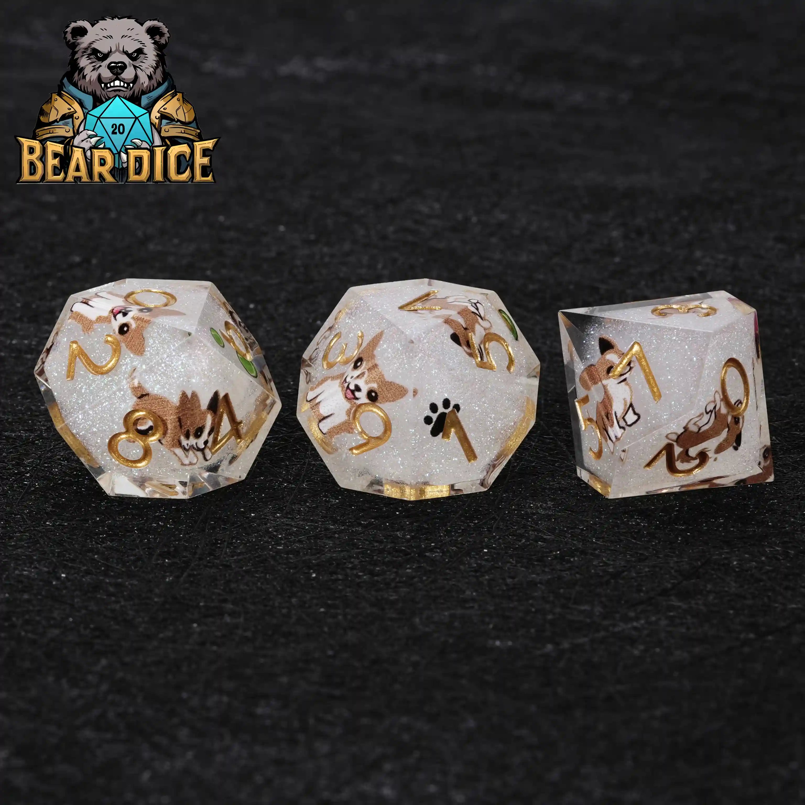 Set of 3 Chihuahua White Glitter Resin D10 Dice, showing sculpted dog design, gold numerals, durable resin, ideal for RPG campaigns and dice collectors | Bear Dice