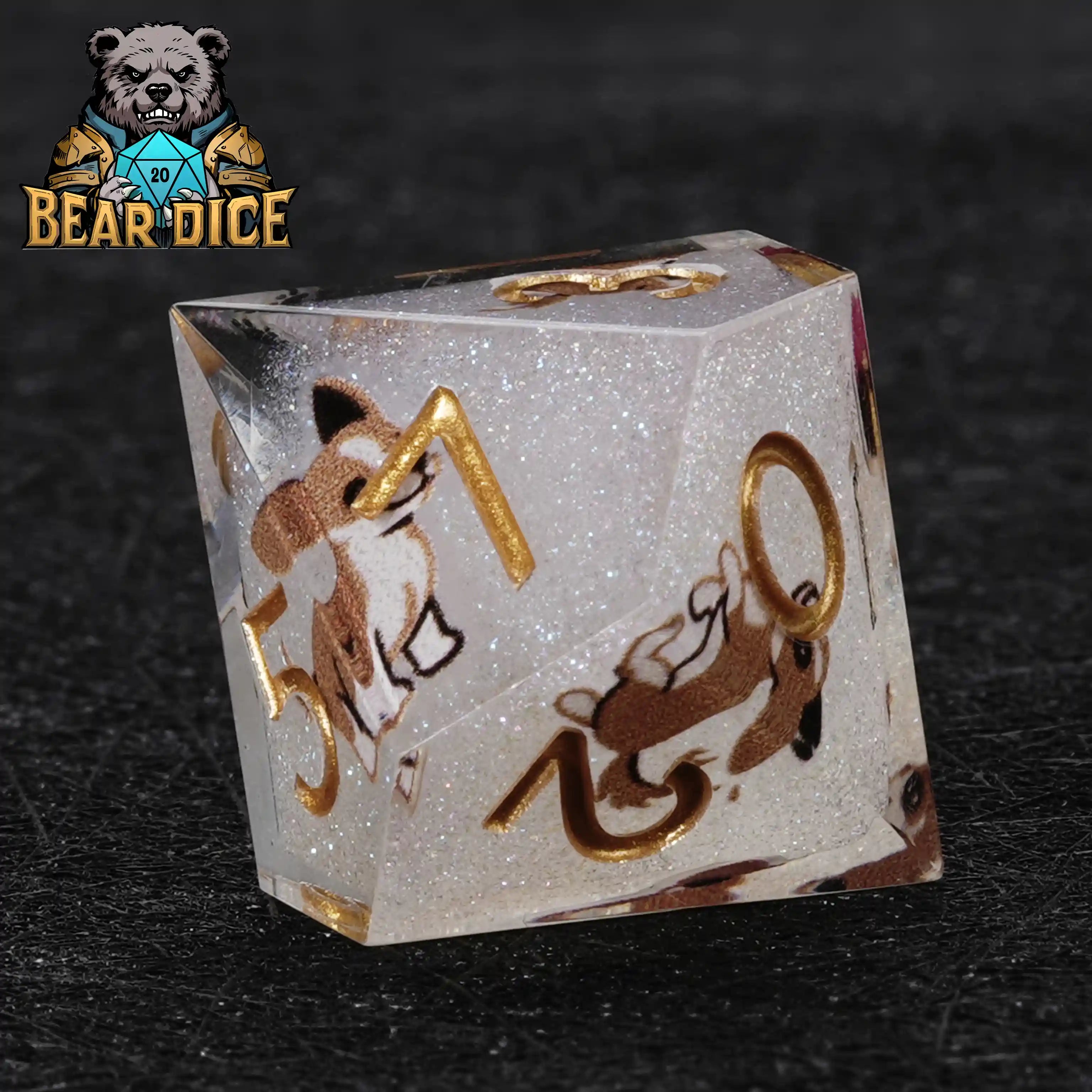 Close-up of a single Chihuahua White Glitter Resin D10 Die, gold engraved numerals, detailed Chihuahua motif, premium resin for tabletop RPG gaming and collectibles | Bear Dice