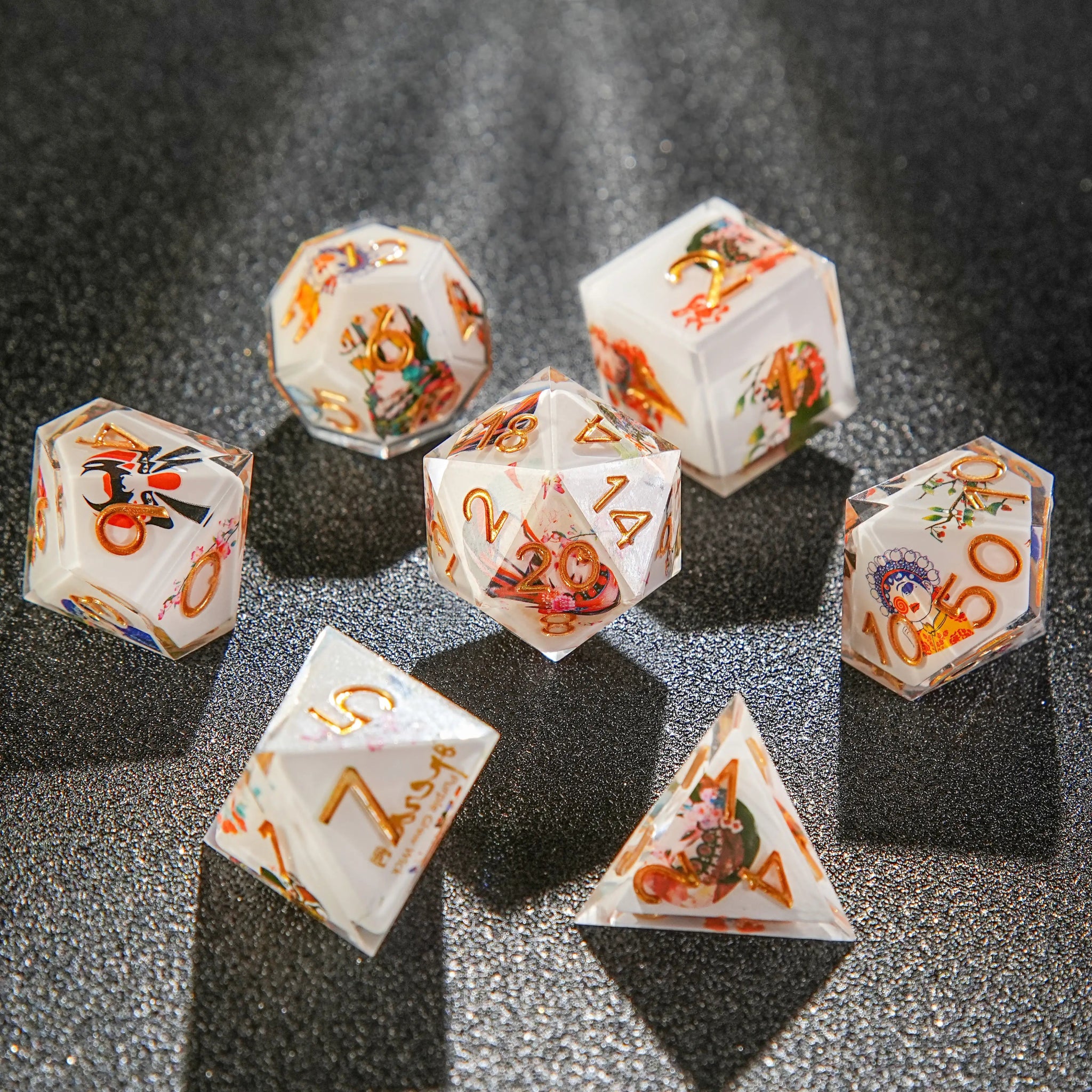 Chinese Style Elements - Peking Opera White Resin Dice Set + Gold Numbers - Bear Dice