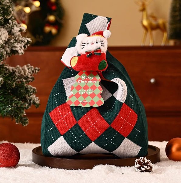 Christmas Gift Knitted Tote Bag Premium Gift Bag Christmas Eve Souvenir Bag - Bear Dice