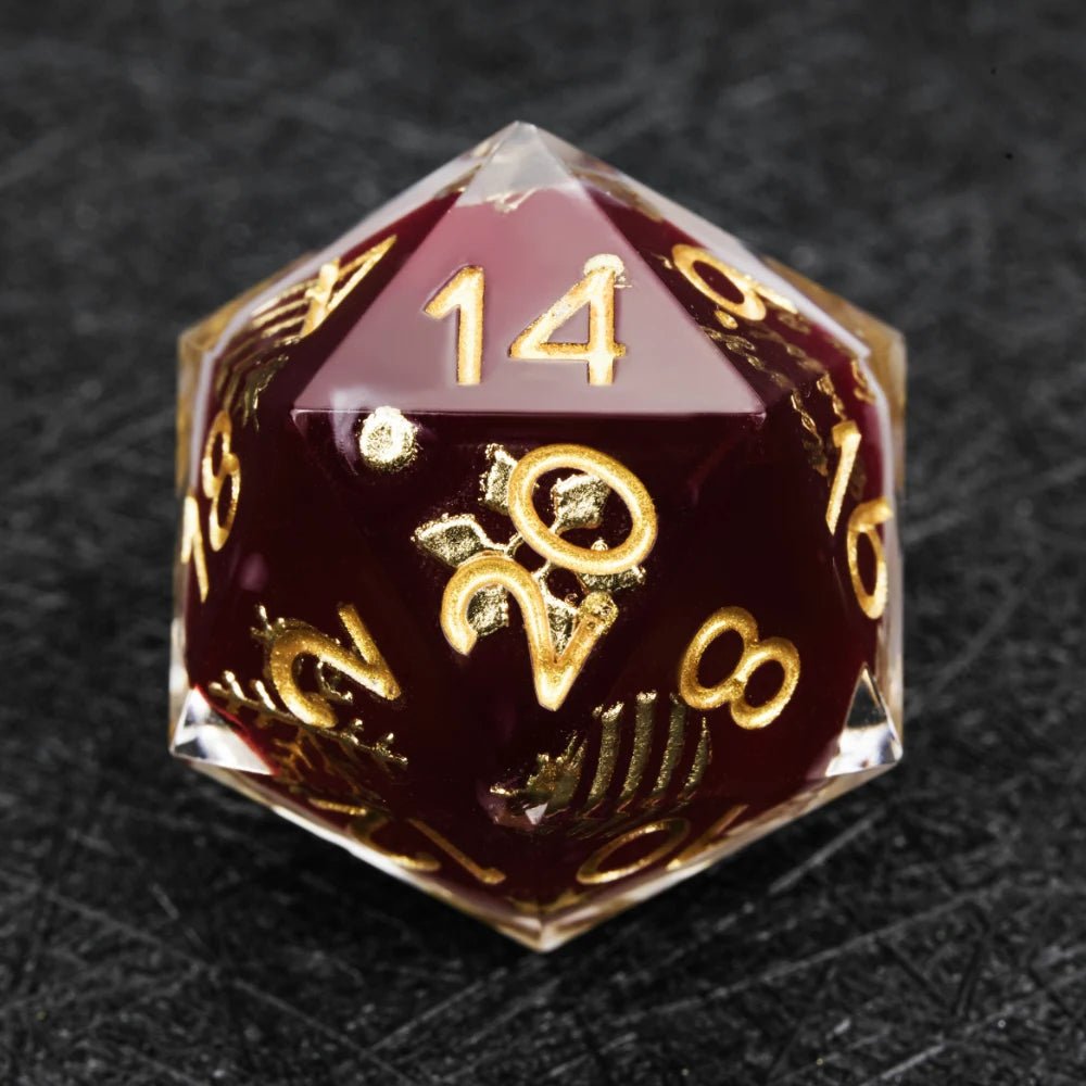 Christmas themed burgundy and milky white resin dice set with gold - carved numbers - Bear Dice